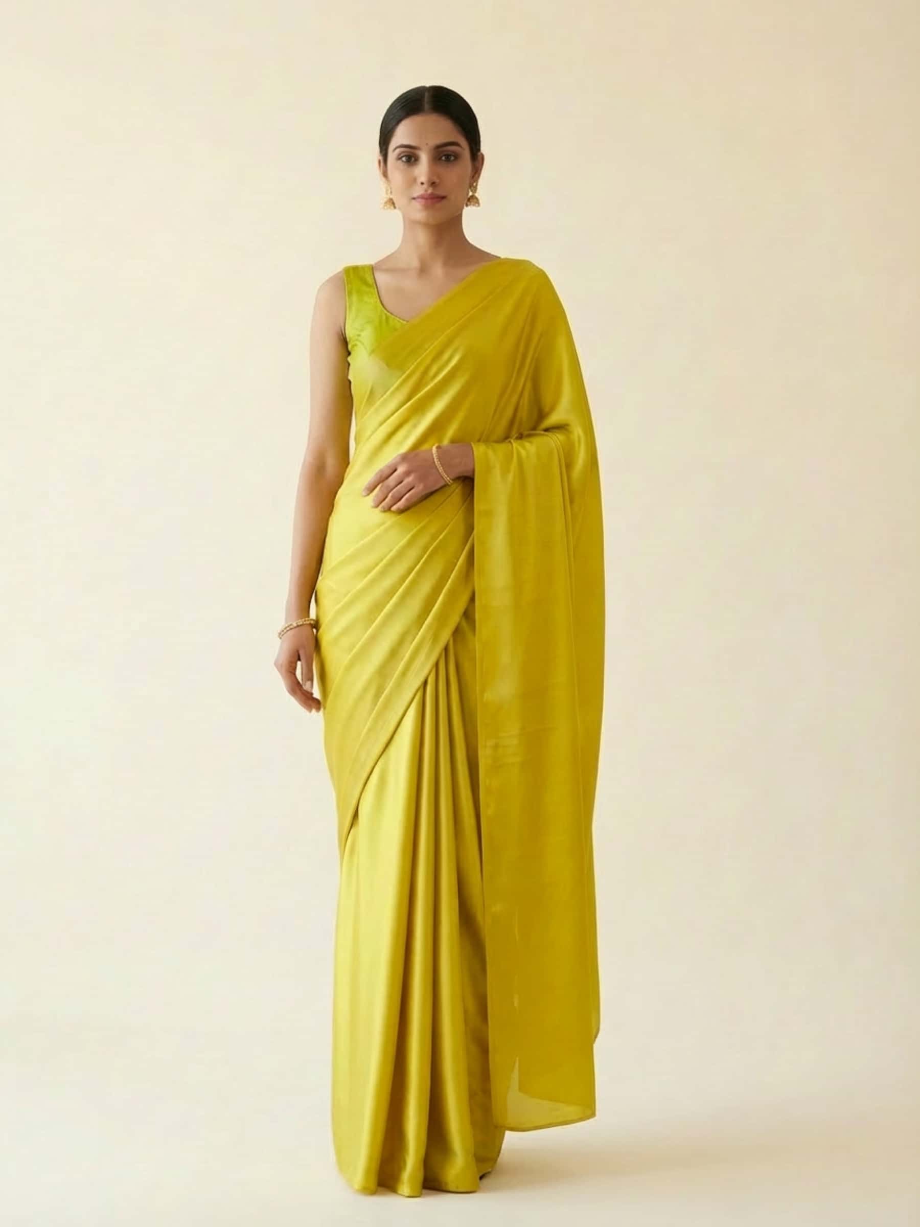 Acid Yellow Pure Satin Saree - Image 1