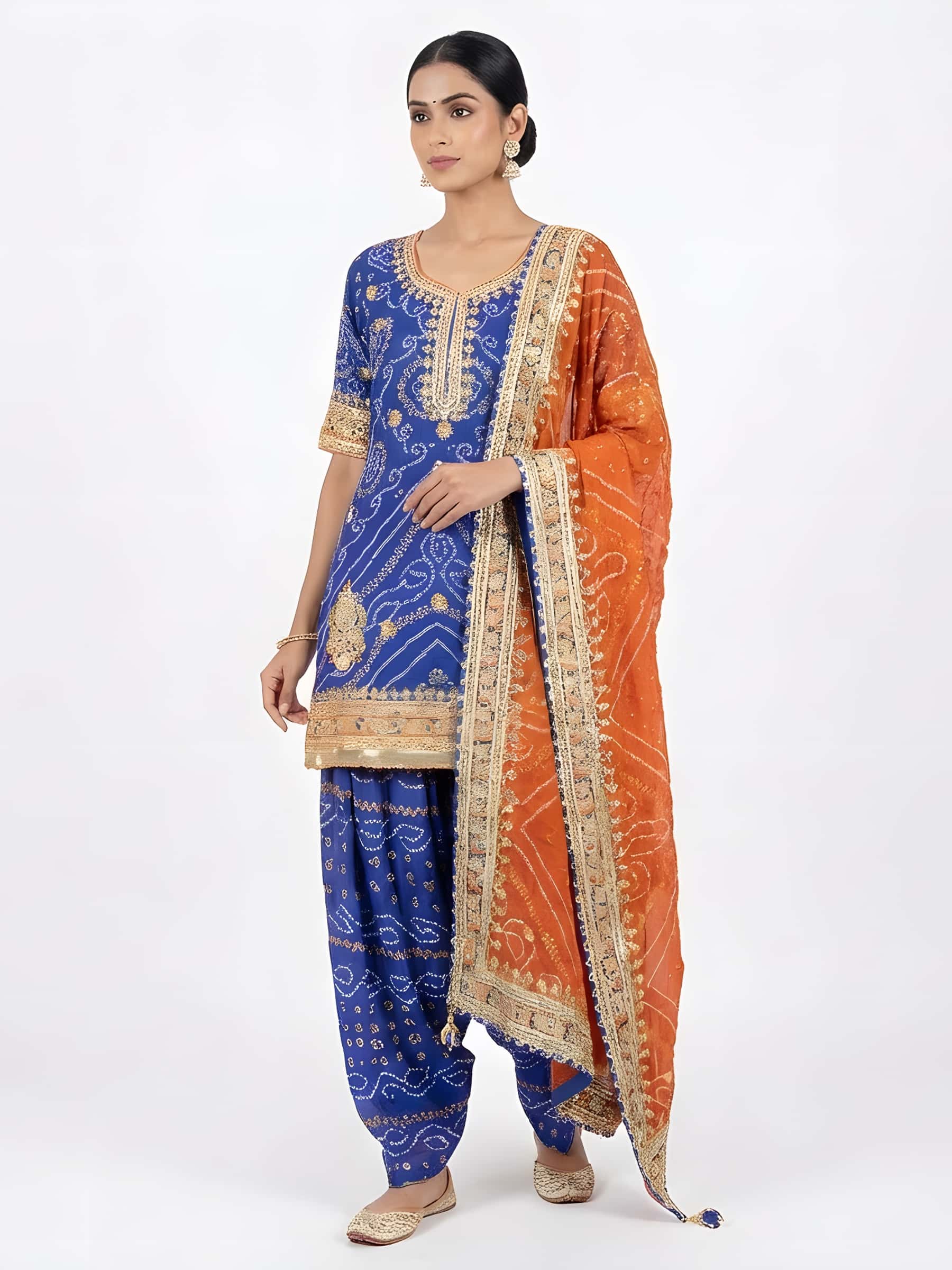 Bandhani Blue Orange Designer Suit - Image 1