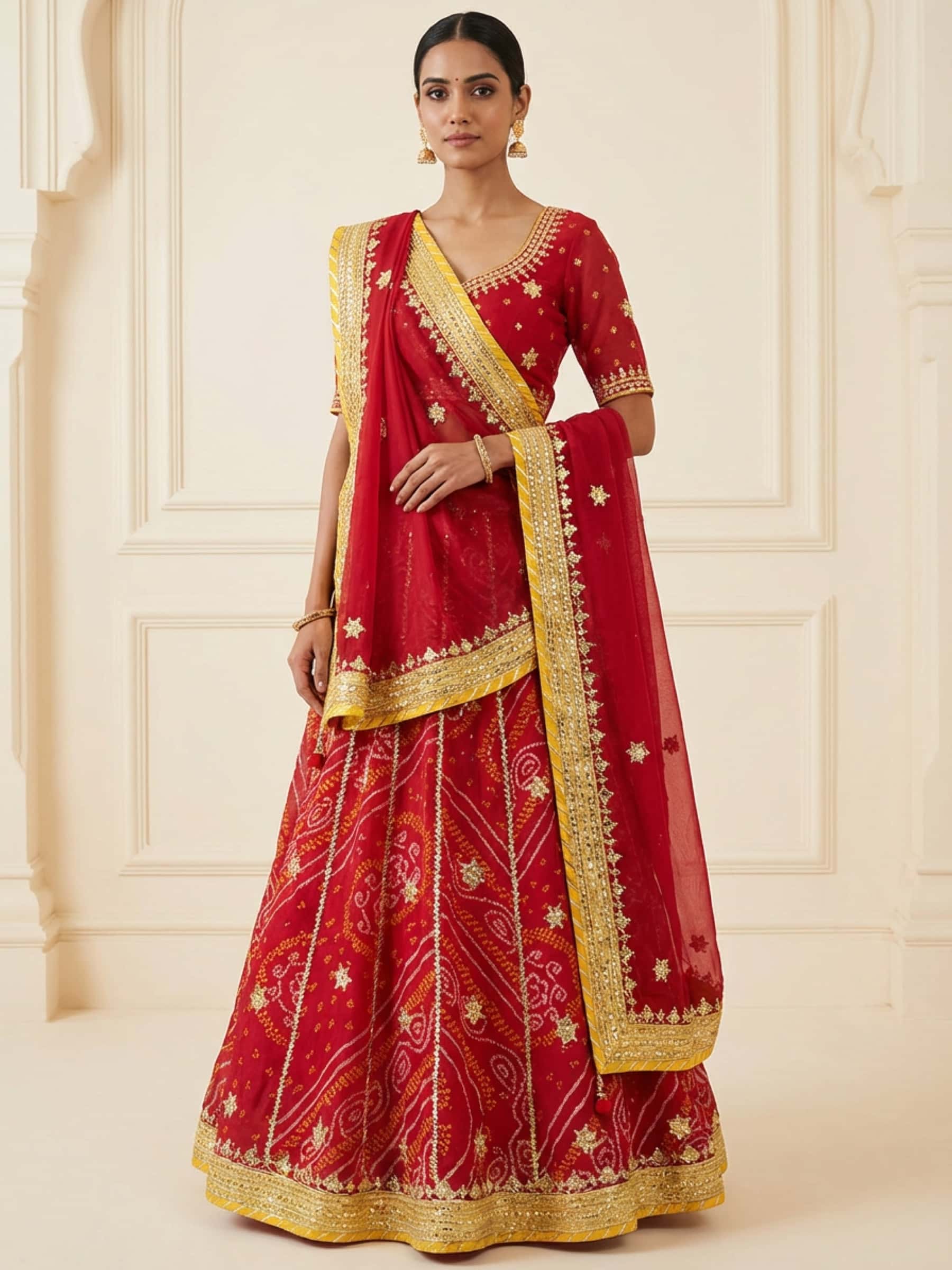 Bandhani Red Gota and Danka Work Lehenga