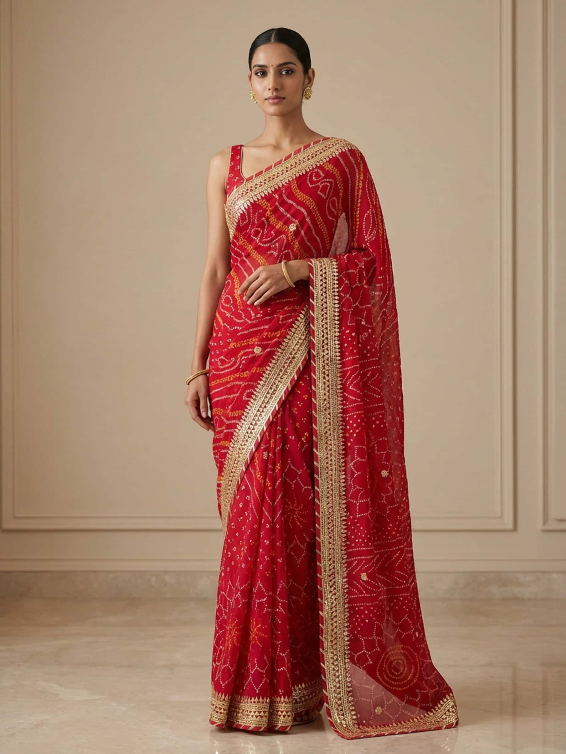 Bandhej Maroon Saree in Gota Patti - Image 1