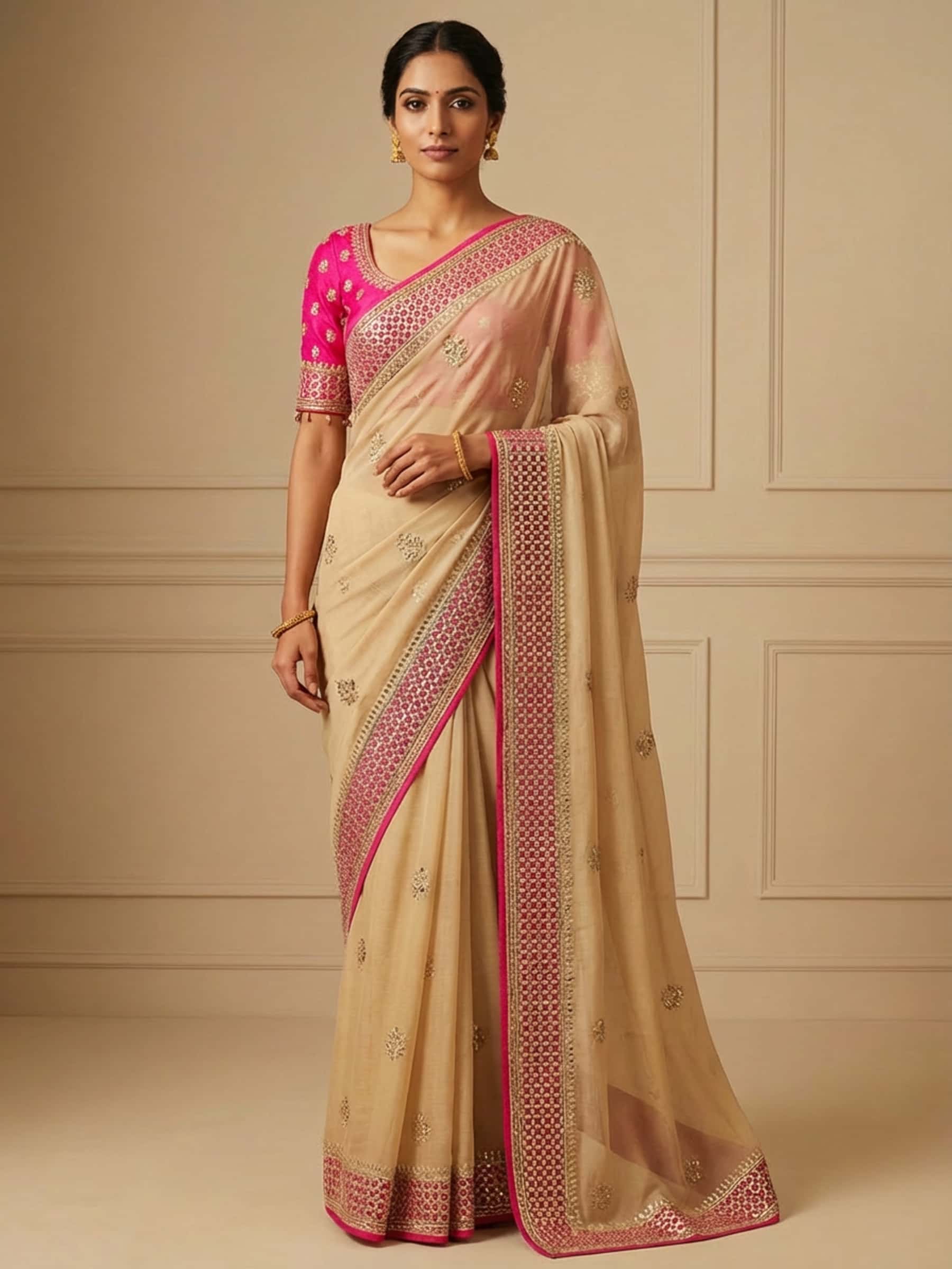 Beige Chiffon Saree in Gota Barfi Work - Image 1