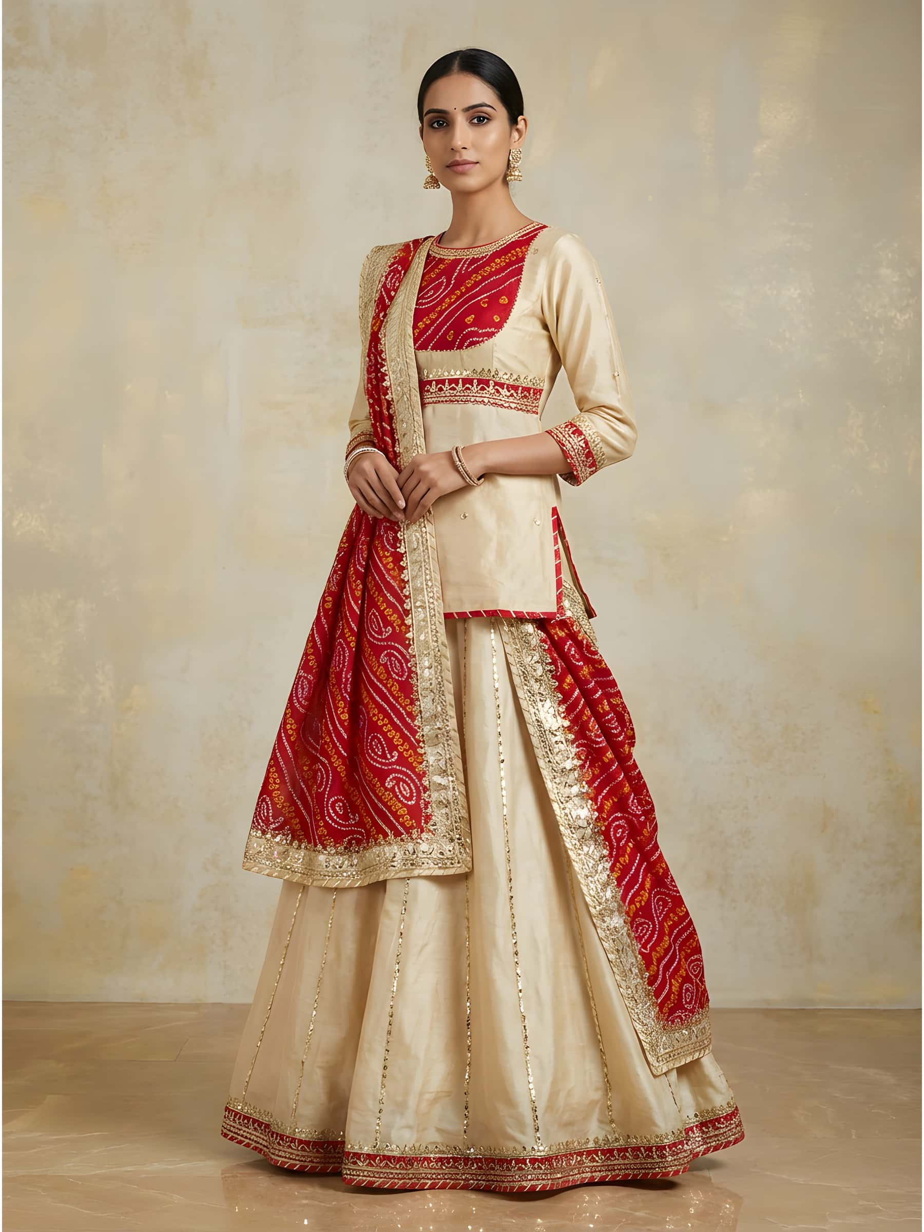 Beige Red Latest Lehenga Set - Image 1