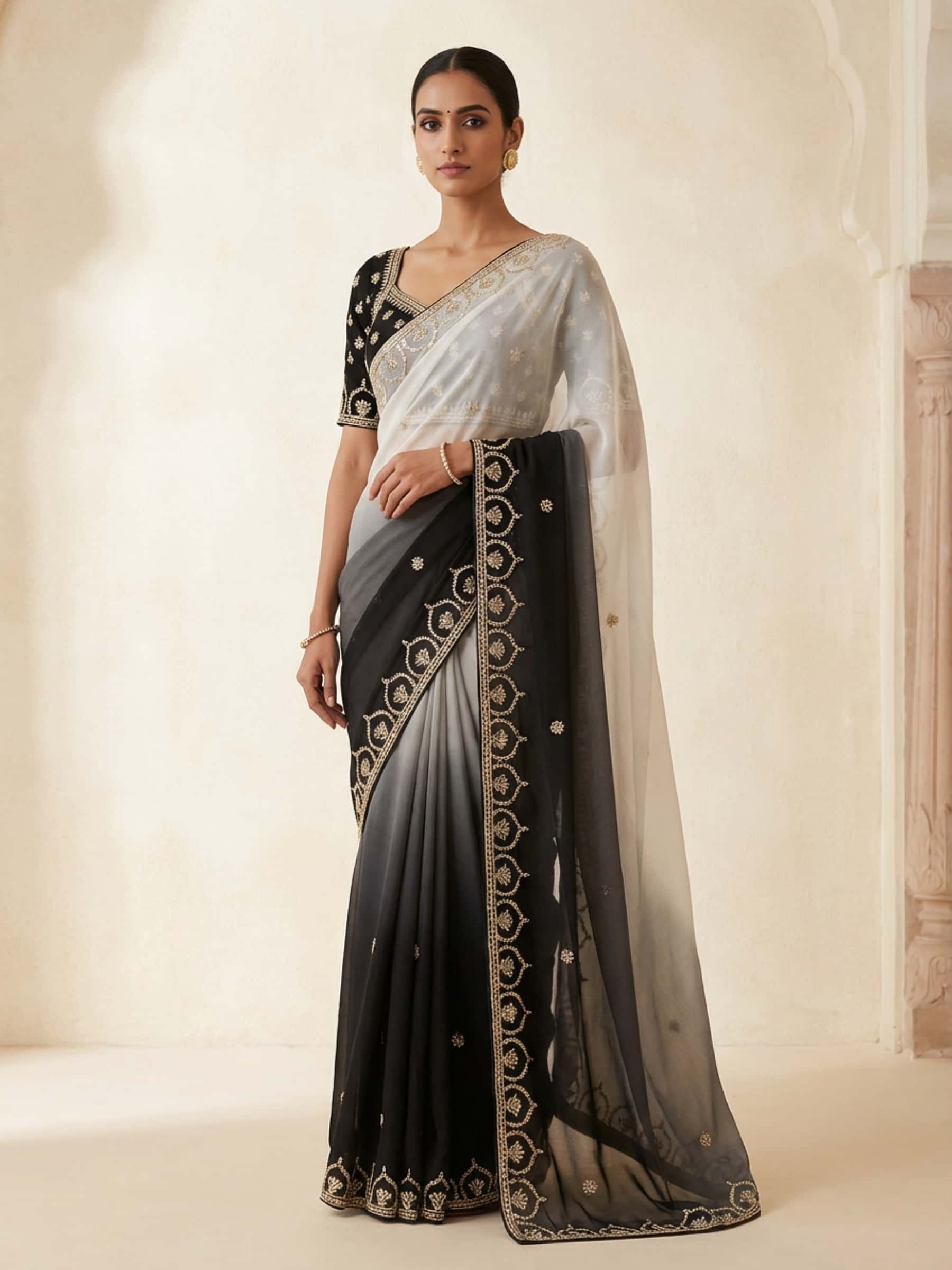 Black Ombre Saree with Fine Gota Design - Image 1