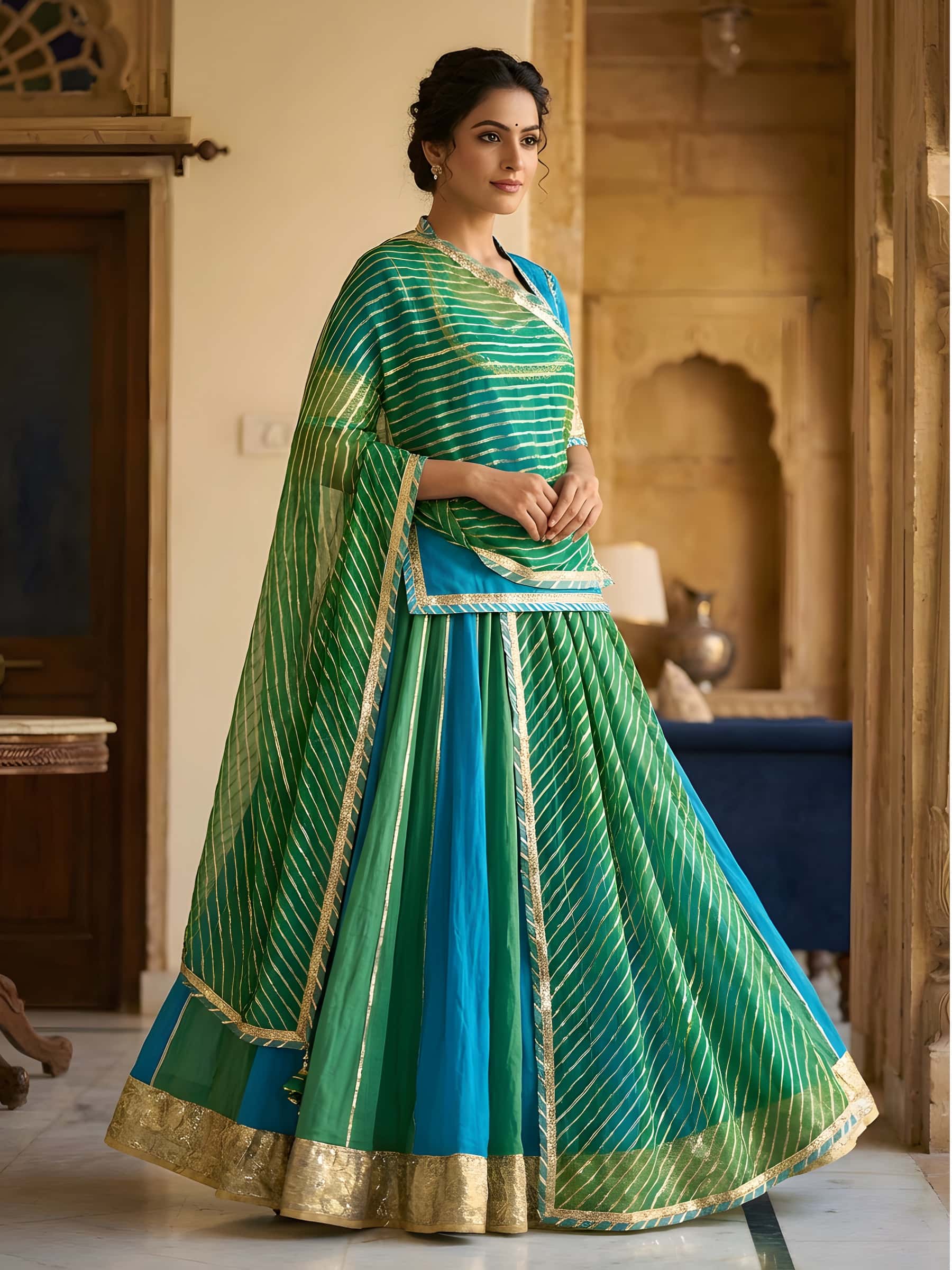 Blue Green Kalidar Rajputi Poshak - Image 1