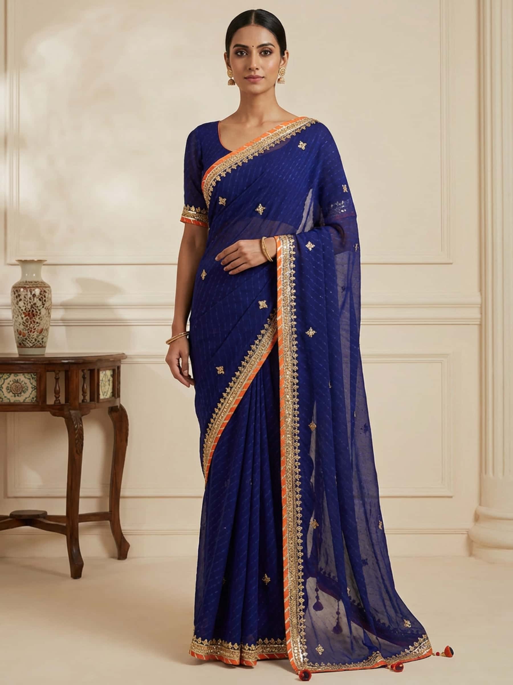 Blue Leheriya Saree With Danka Gota Work - Image 1