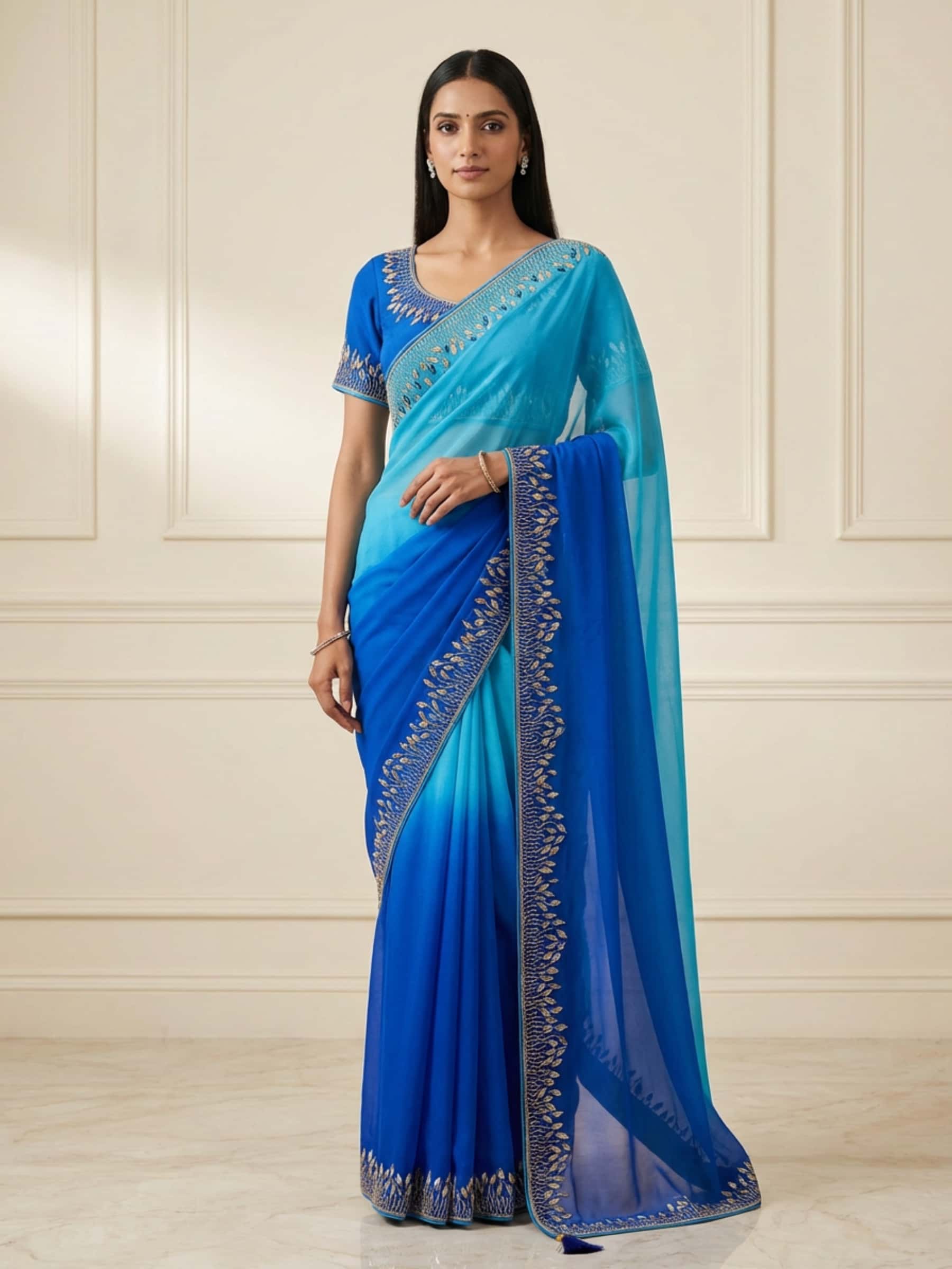 Blue Ombre Platinum Chiffon Saree - Image 1