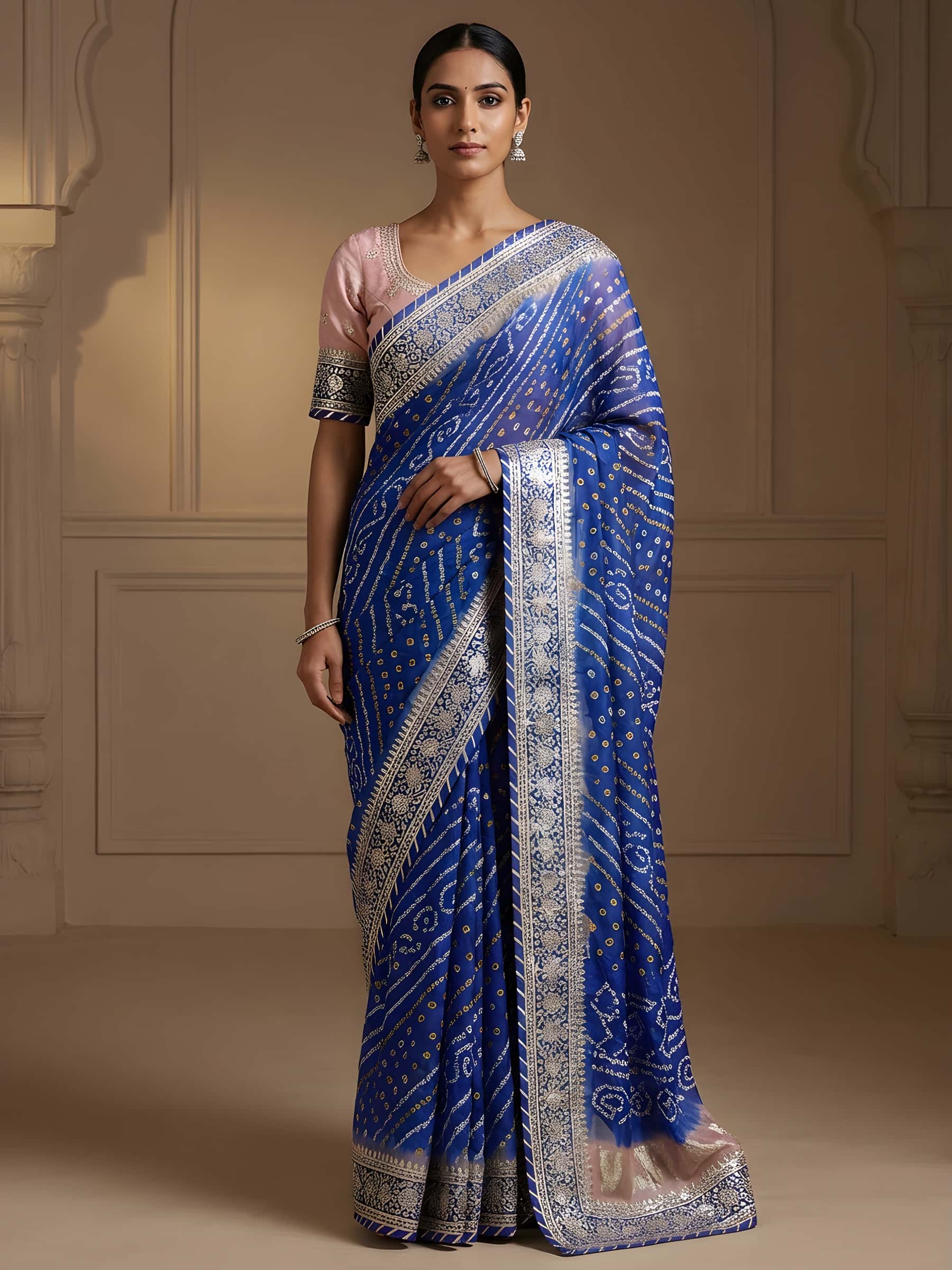 Blue Onion Pink Shaded Bandhej Saree - Image 1
