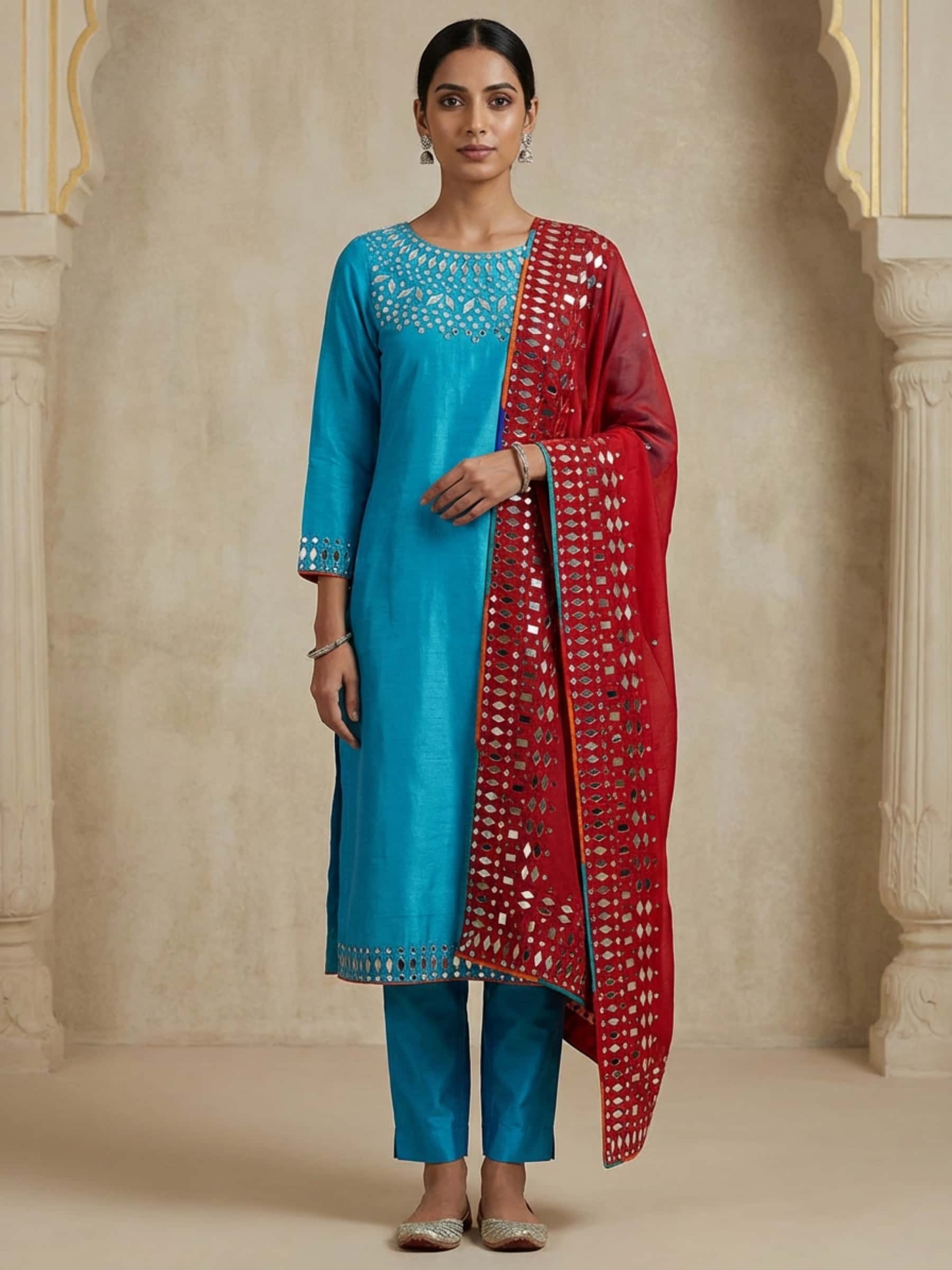 Blue Red Mirror Work Salwar Suit - Image 1