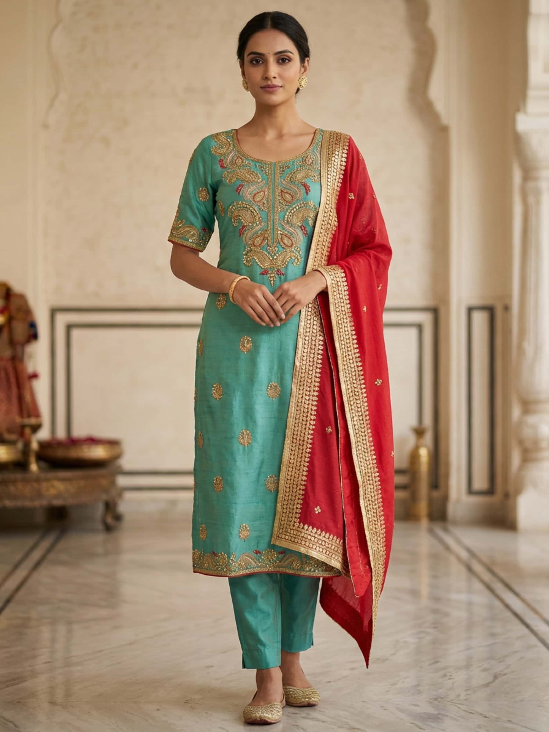 Blue Red Pure Raw Silk Salwar Suit Set - Image 1