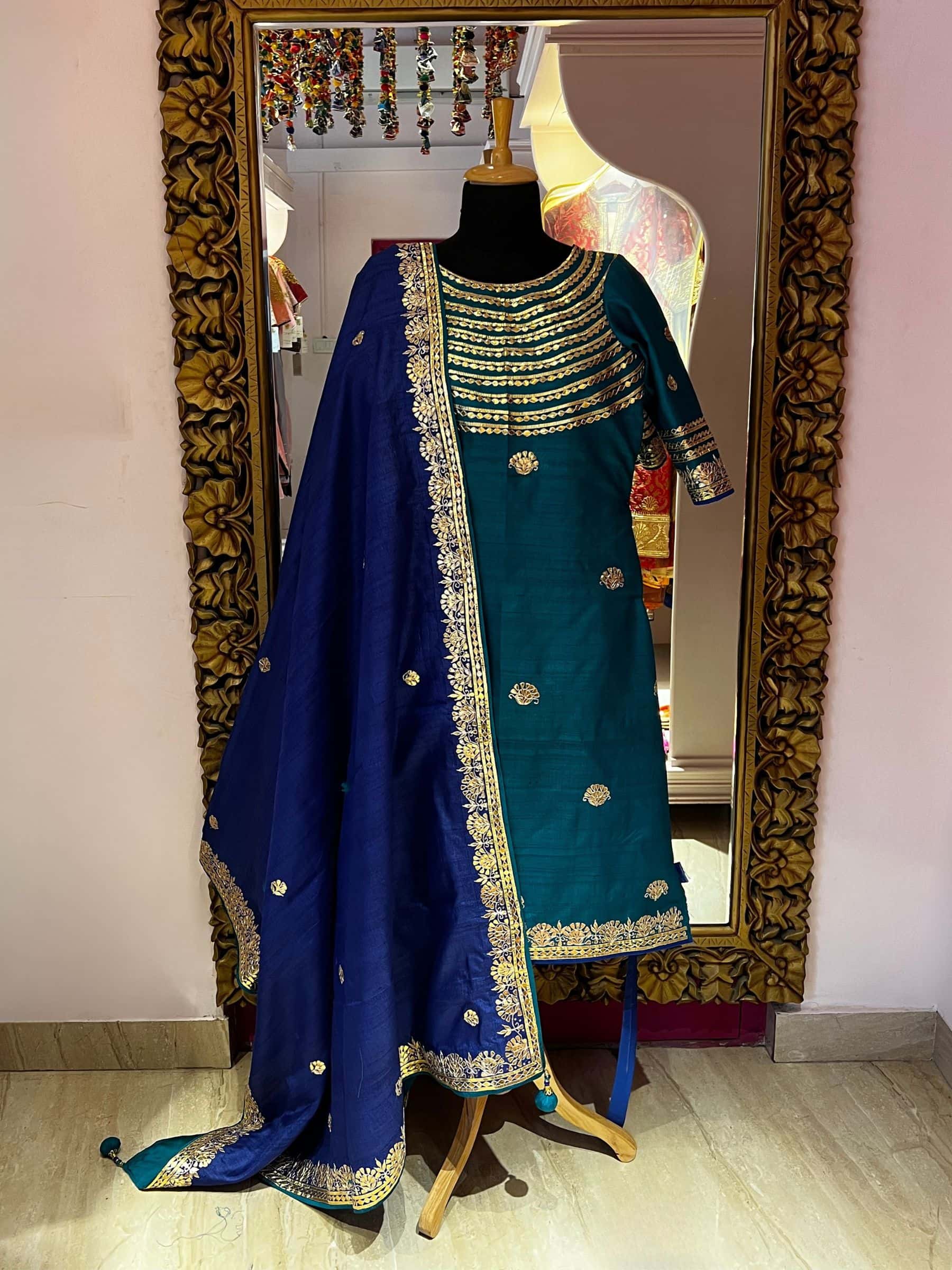 Blue Rich Neckline Raw Silk Suit thumbnail 2
