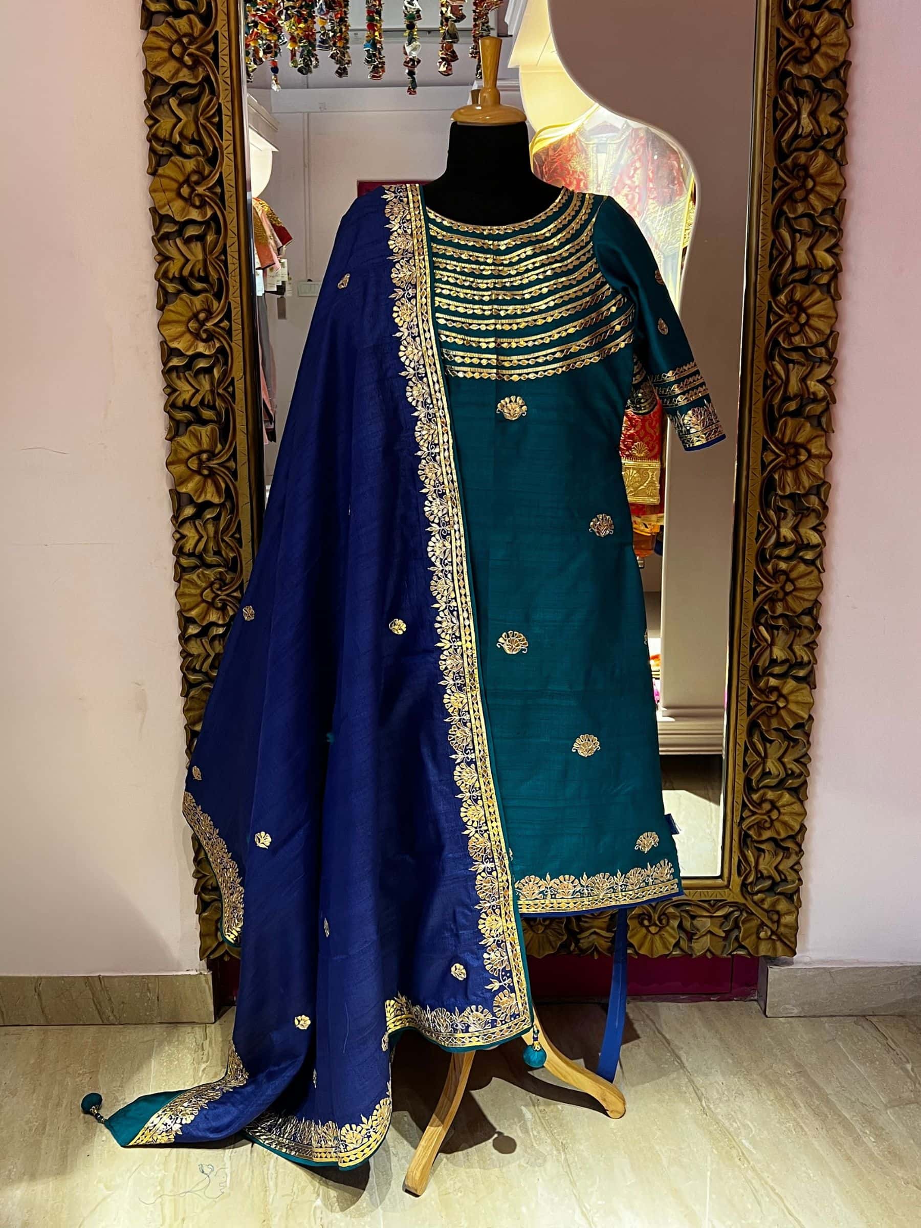 Blue Rich Neckline Raw Silk Suit thumbnail 3