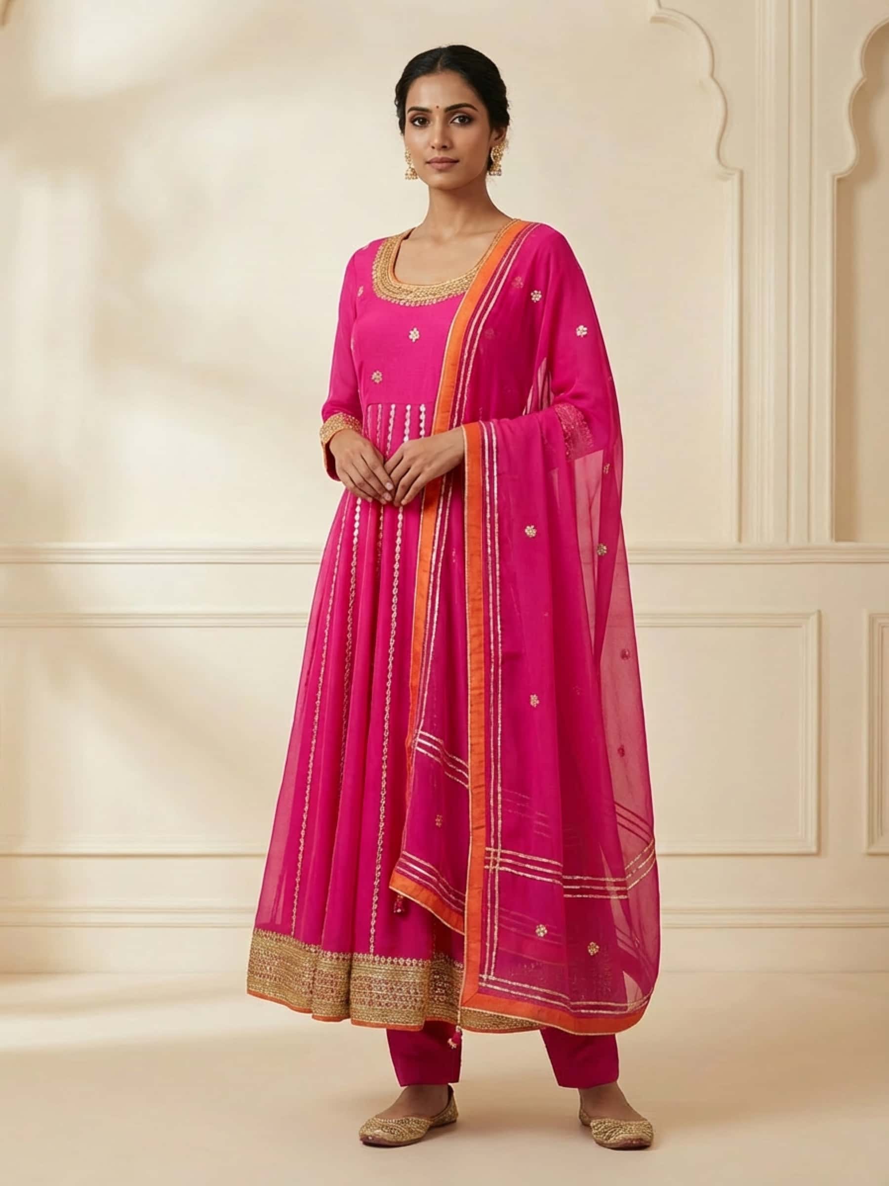 Bright Pink Anarkali in Gota Patti Work - Image 1