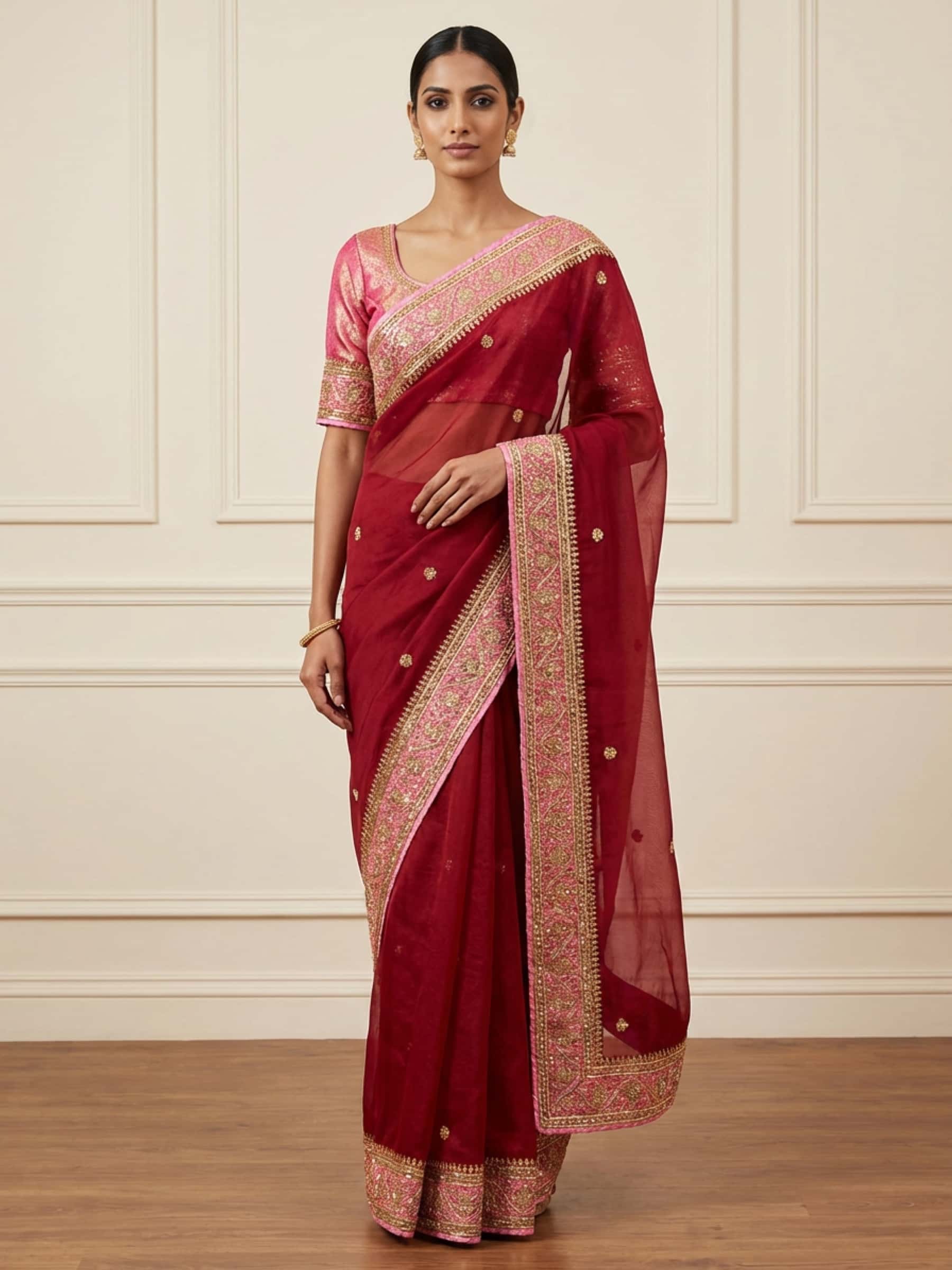 Cherry Brown Fine Gota Handwork Saree - Image 1