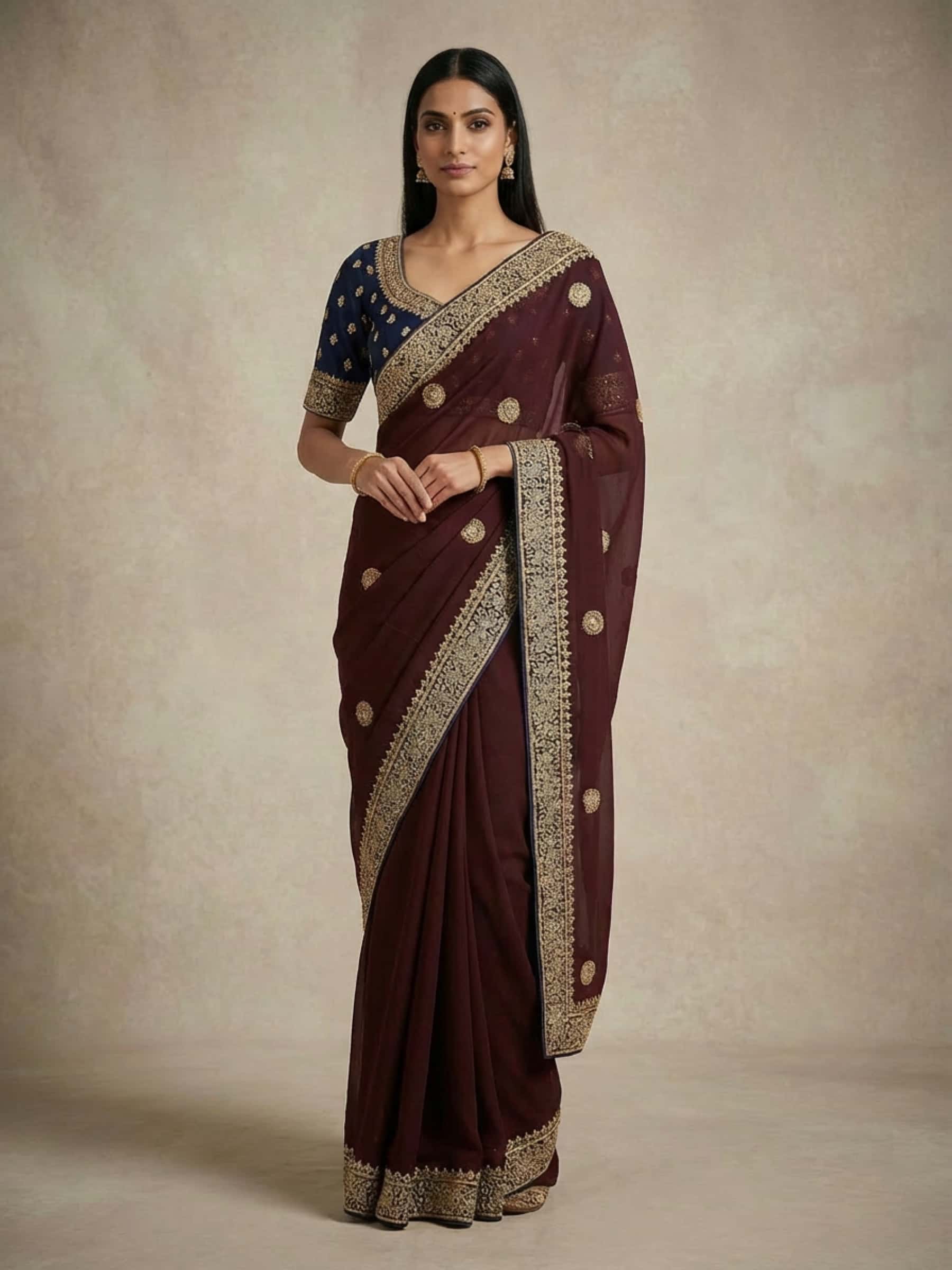Coke Brown Colored Designer Saree - Image 1