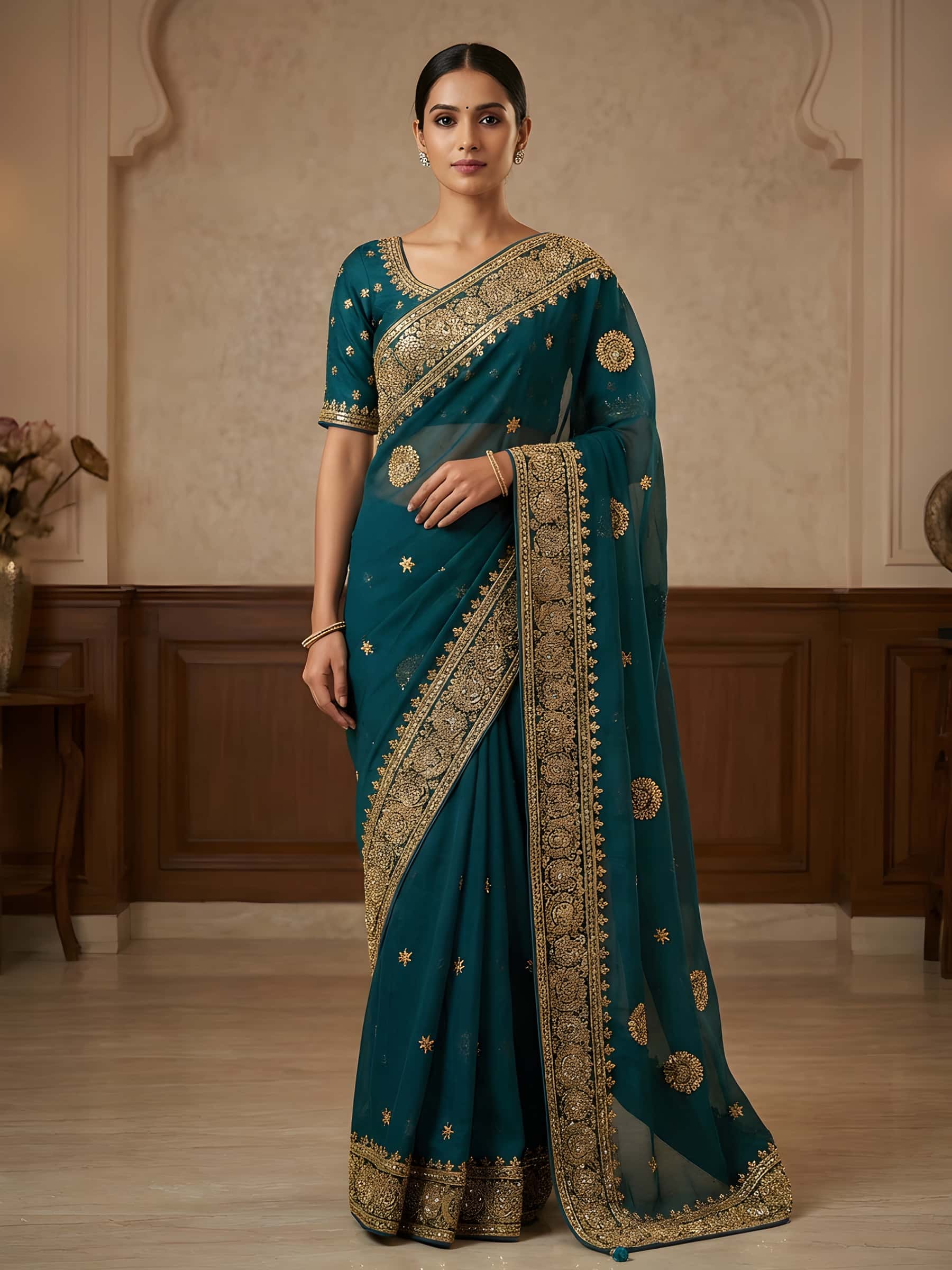 Dark Green Pure Organza Saree