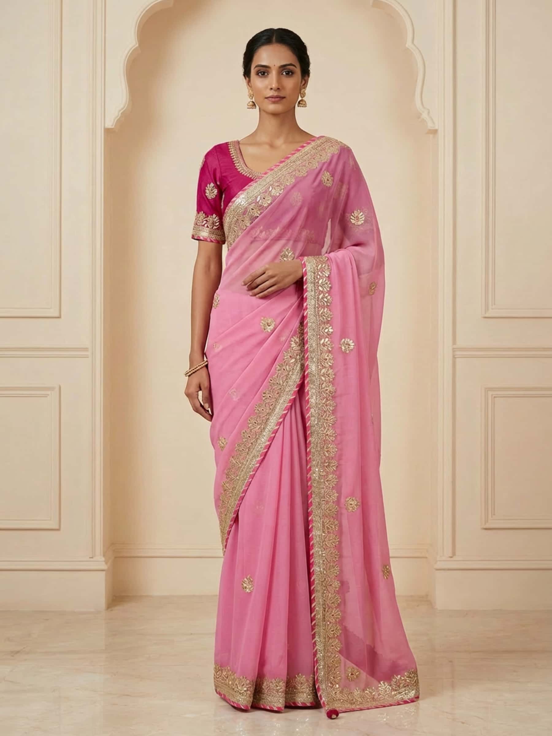 Dark Pink and Hot Pink Gota Saree - Image 1