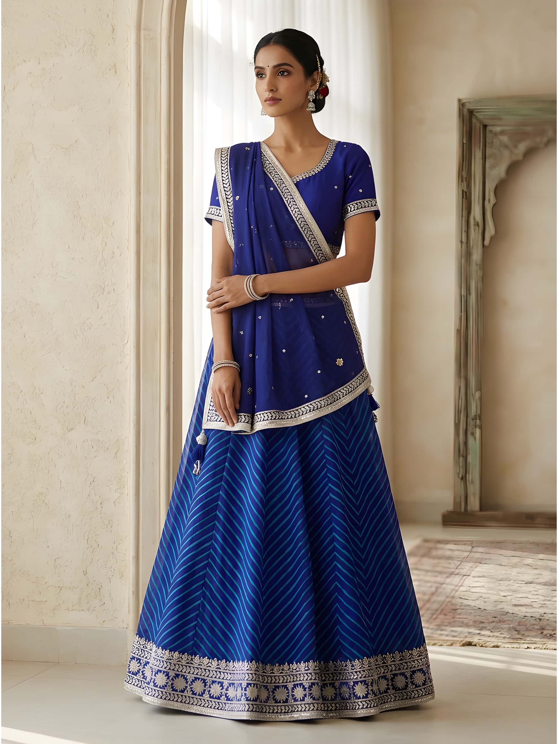 Designer Blue Leheriya Lehenga Set thumbnail 13