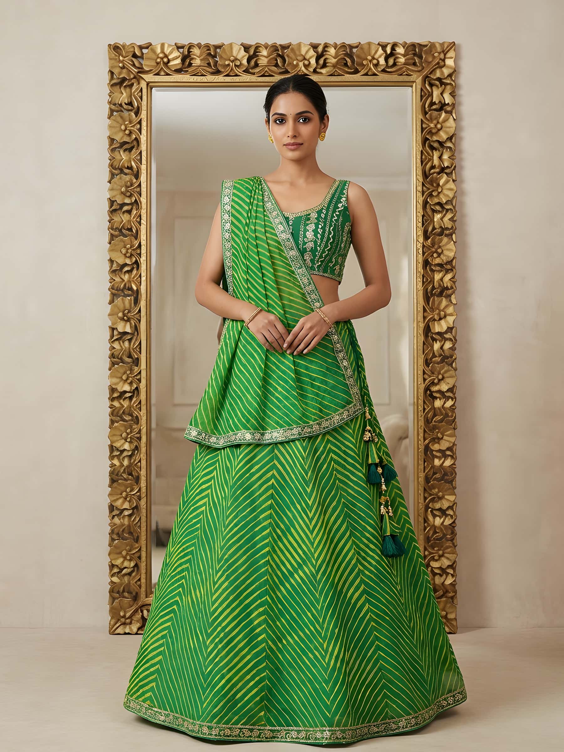Designer Green Leheriya Lehenga Set - Image 1