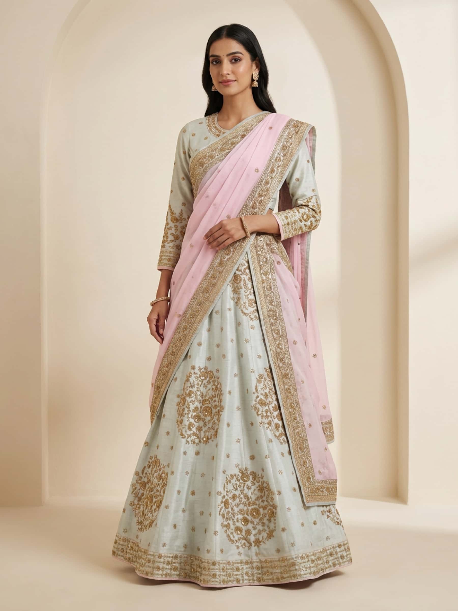 Designer Zardozi Pink Grey Lehenga - Image 1