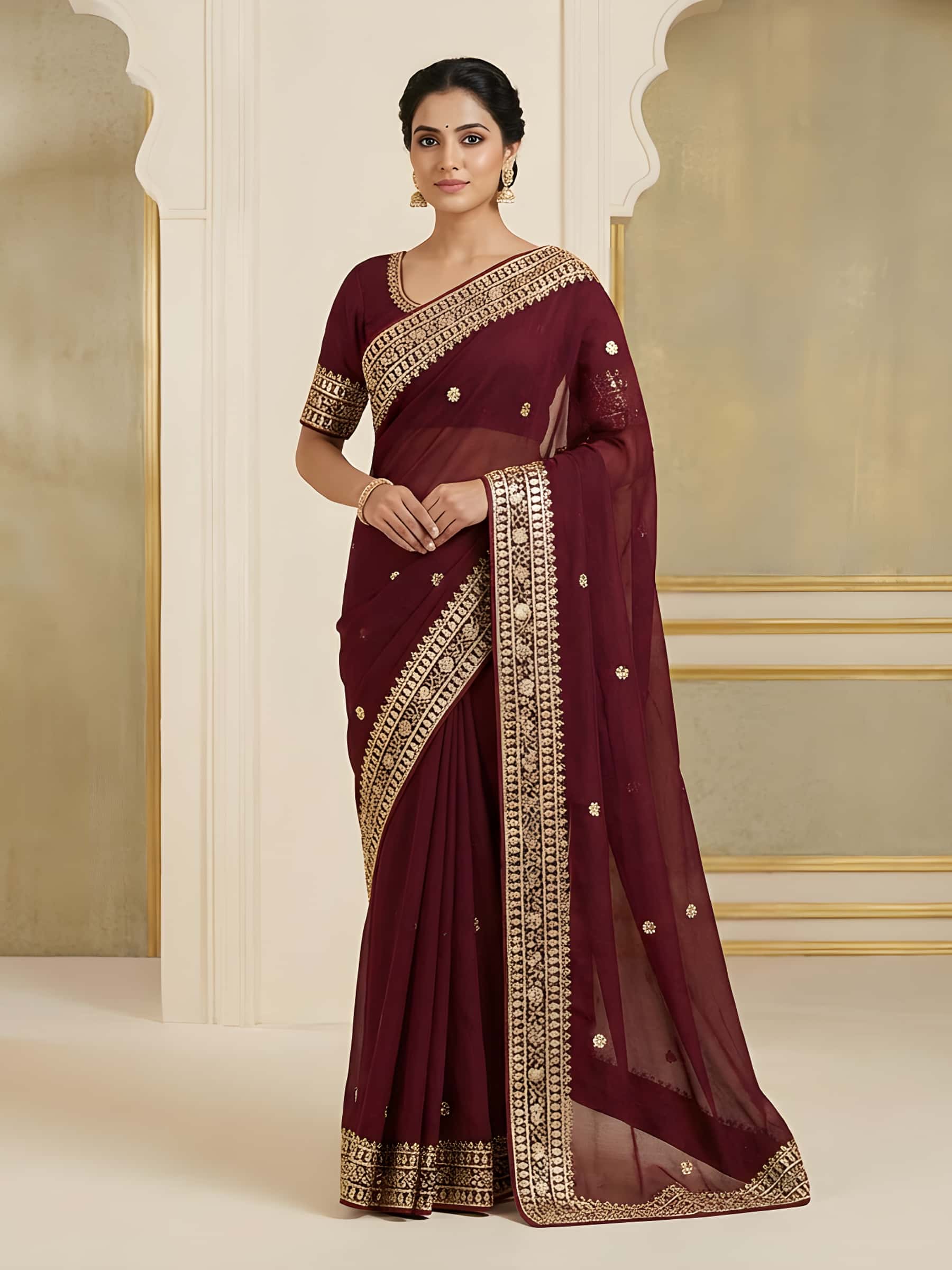 Elegant Brown Designer Organza Saree - Image 1