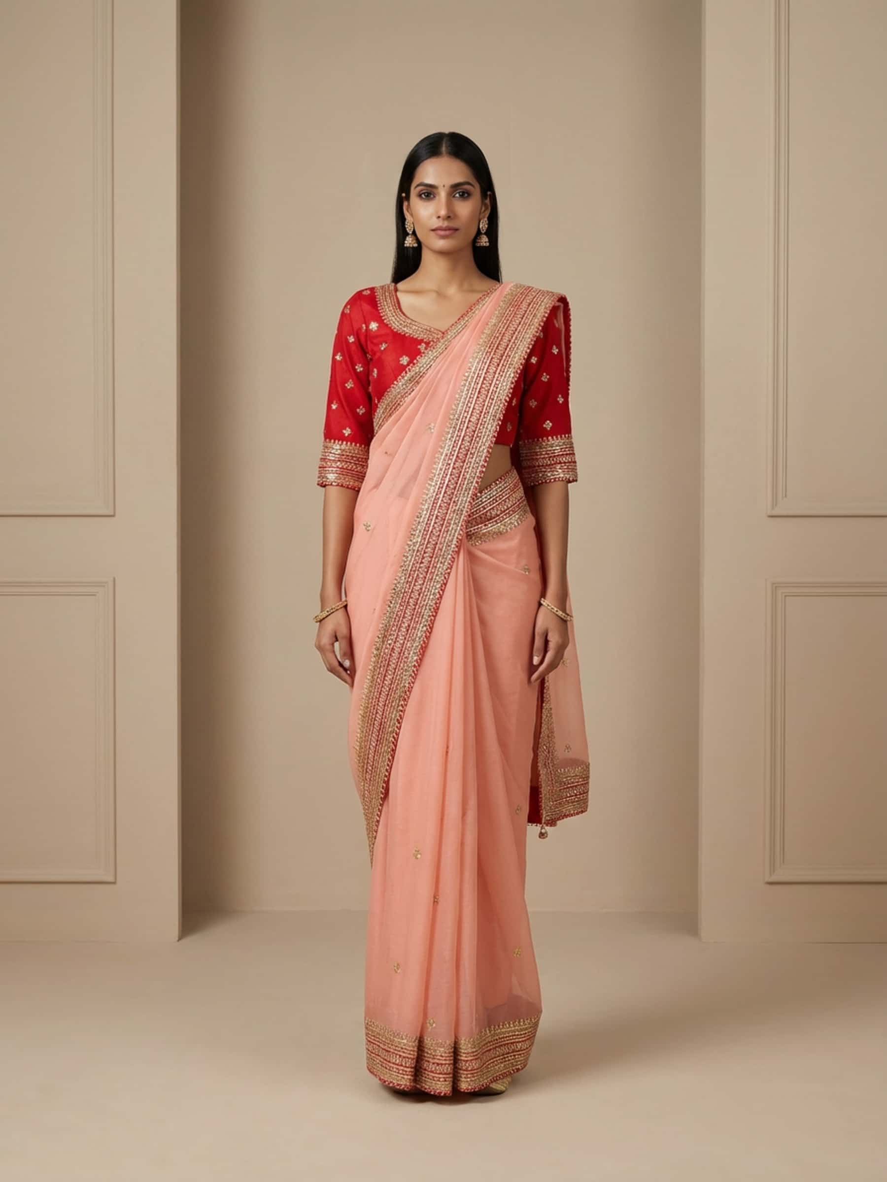 Eternal Elegance in Peach and Red Saree - Image 1