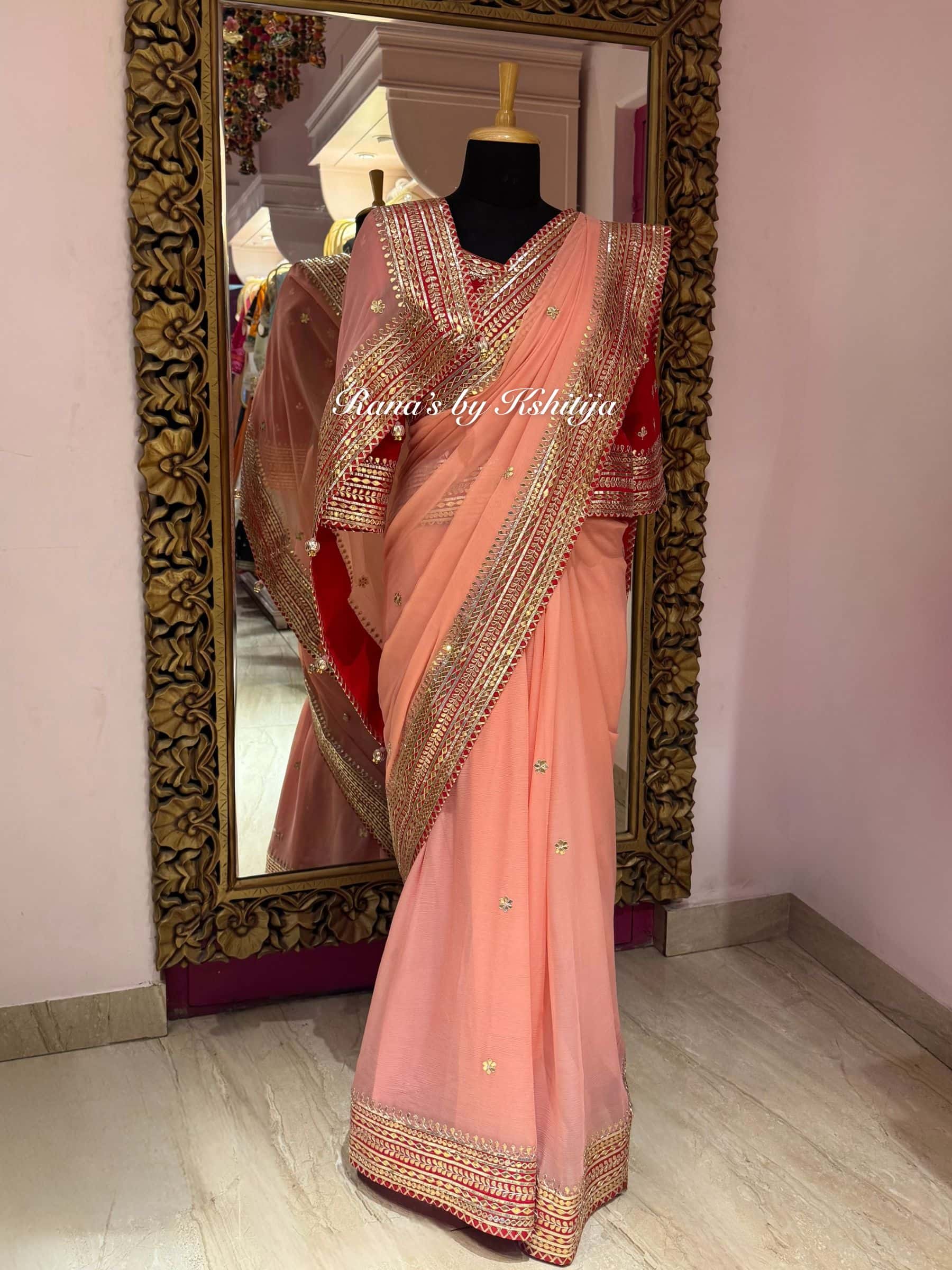 Eternal Elegance in Peach and Red Saree thumbnail 3