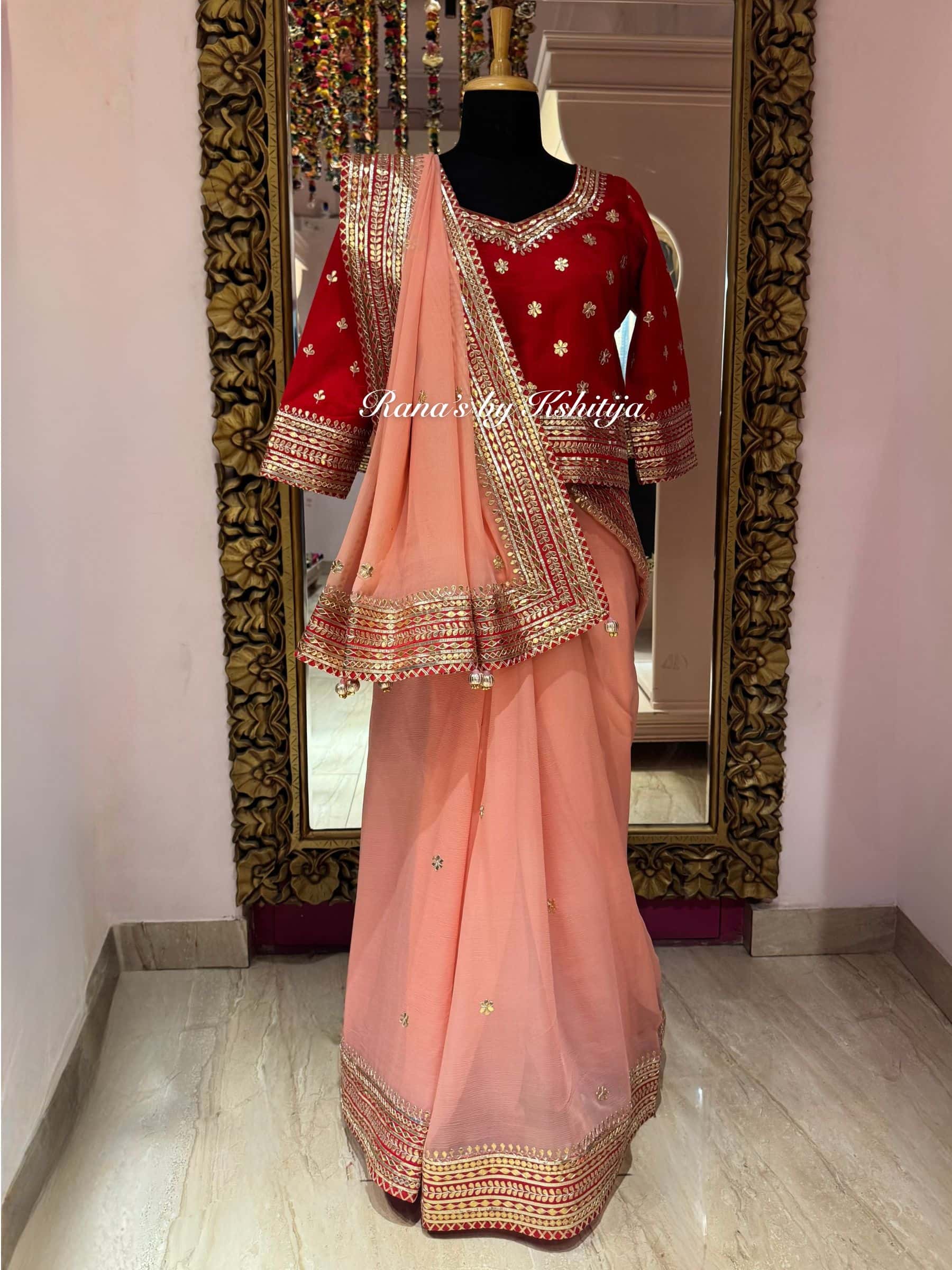 Eternal Elegance in Peach and Red Saree thumbnail 4