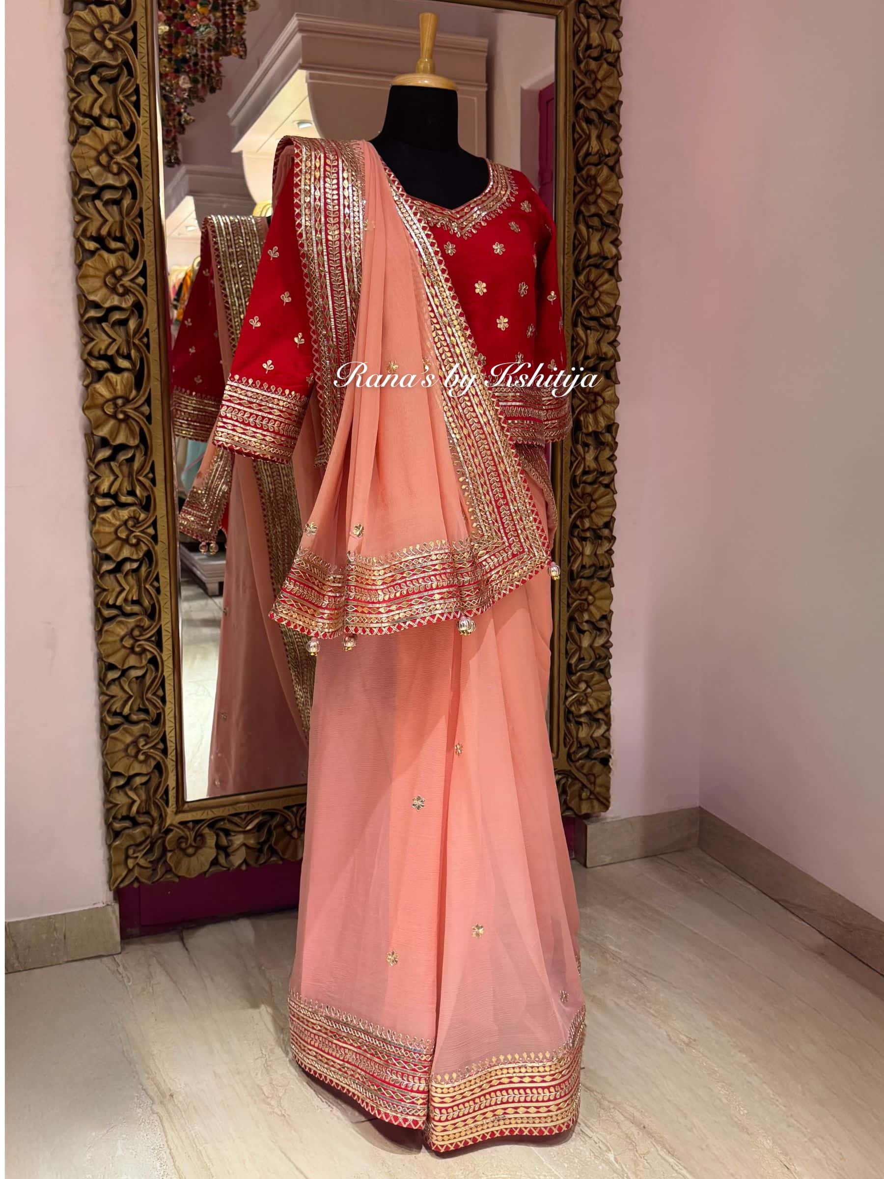 Eternal Elegance in Peach and Red Saree thumbnail 5