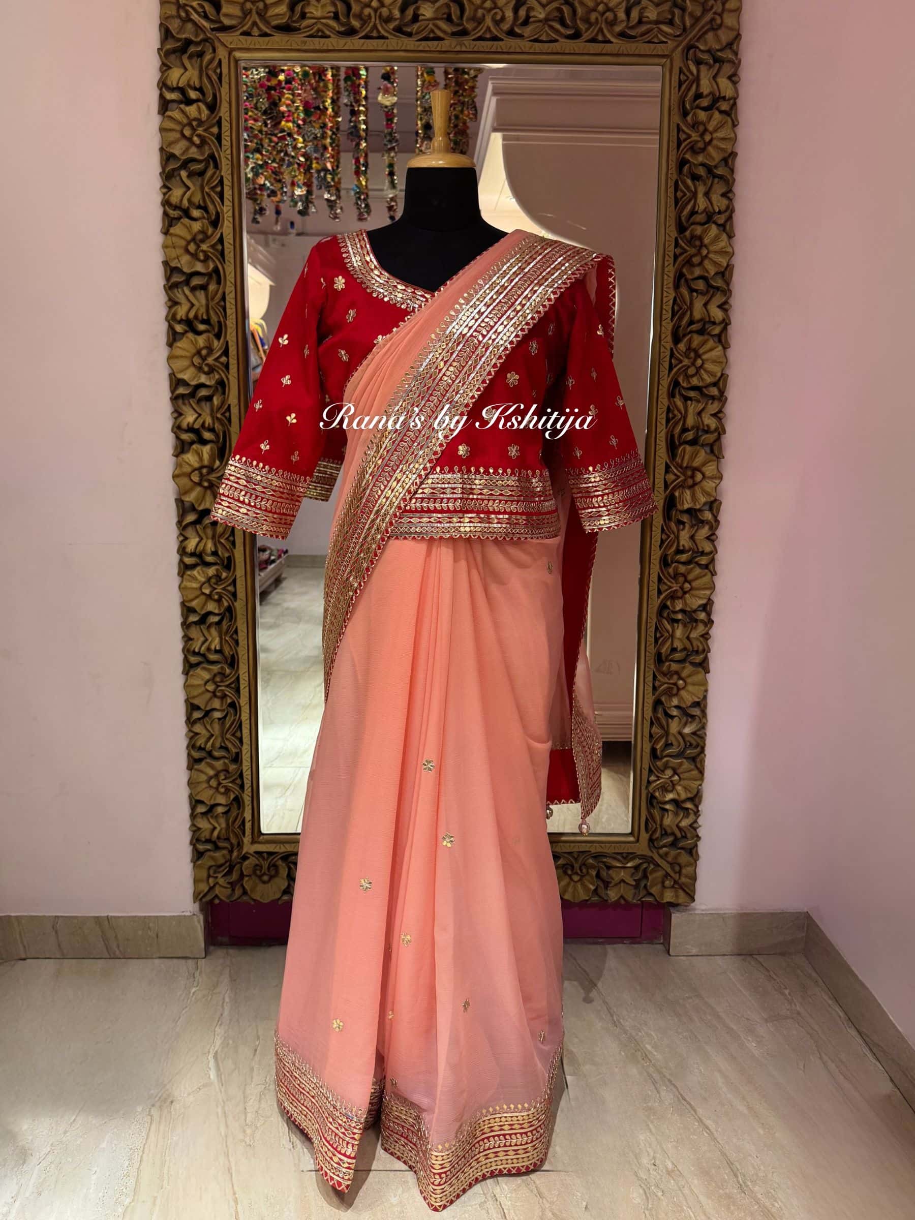 Eternal Elegance in Peach and Red Saree thumbnail 7