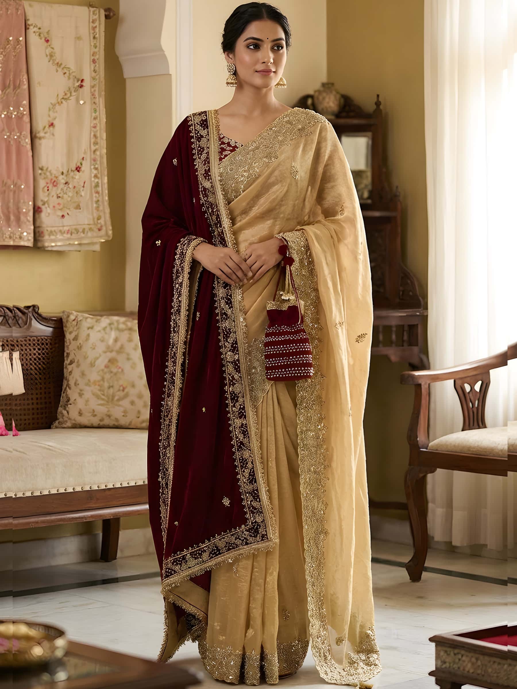 Golden Pure Tissue Zardozi Saree Set - Image 1
