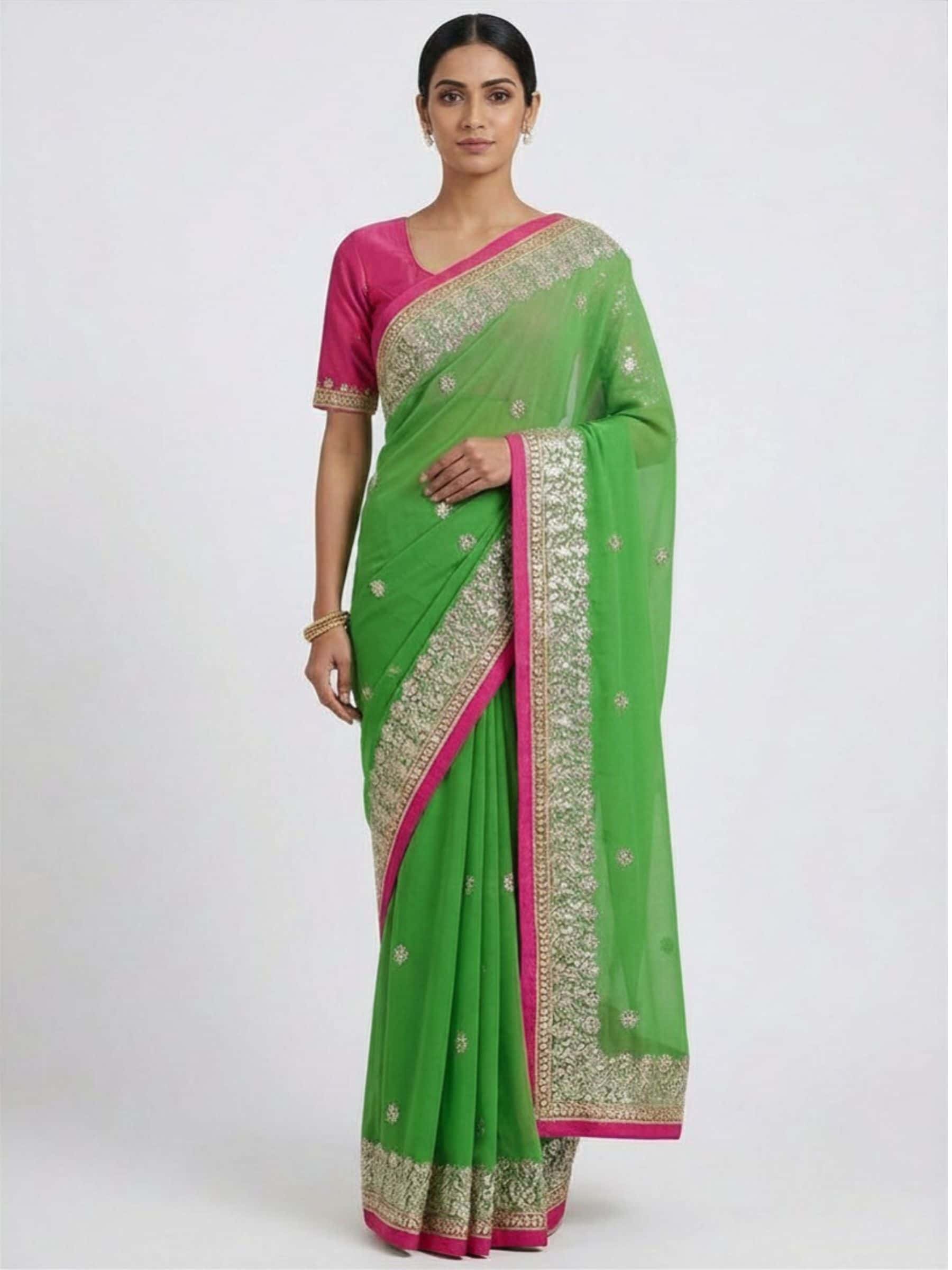 Green Fine Gota Handworked Saree - Image 1