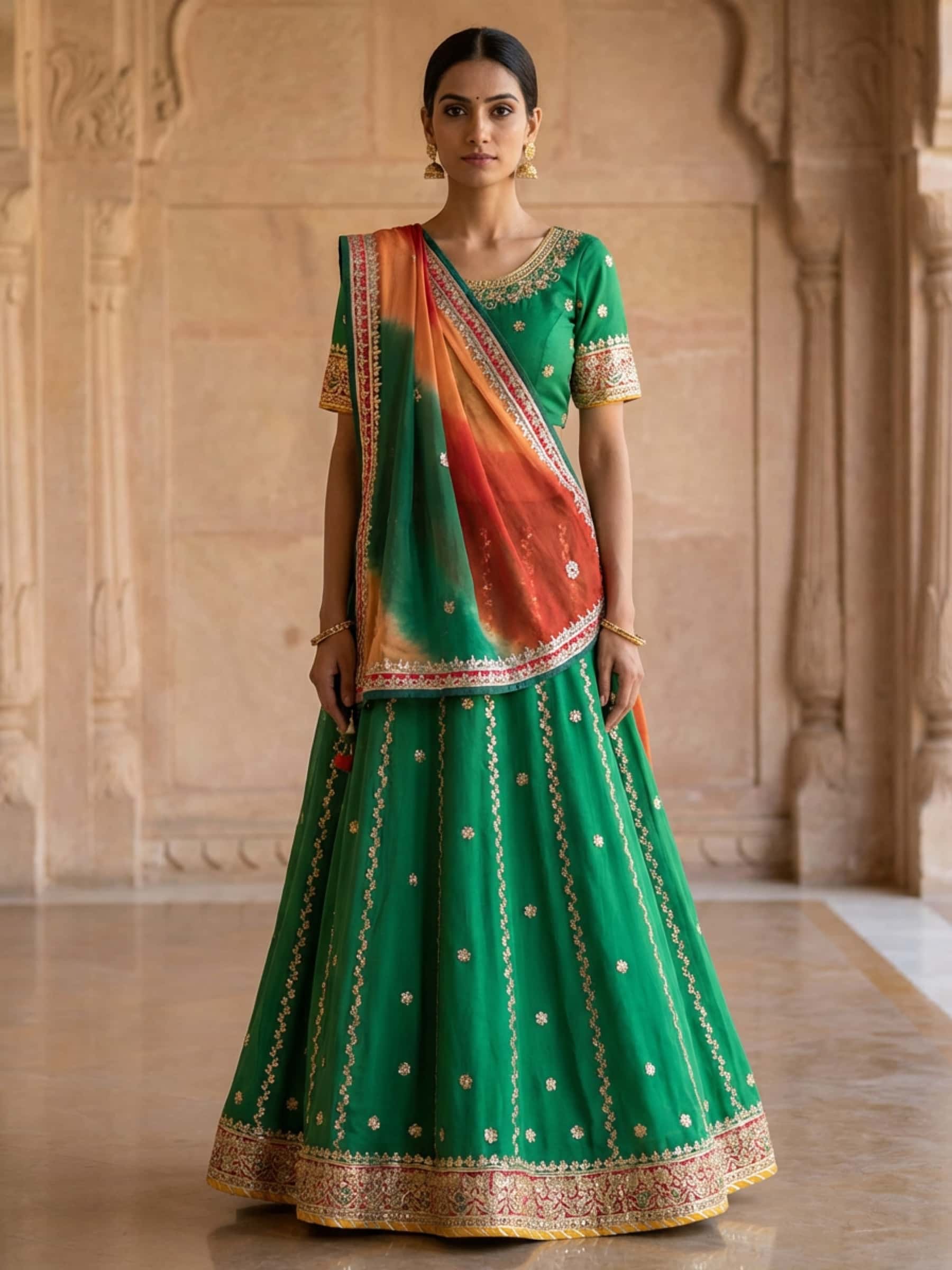Green Pure Crepe Lehenga n Ombre Dupatta