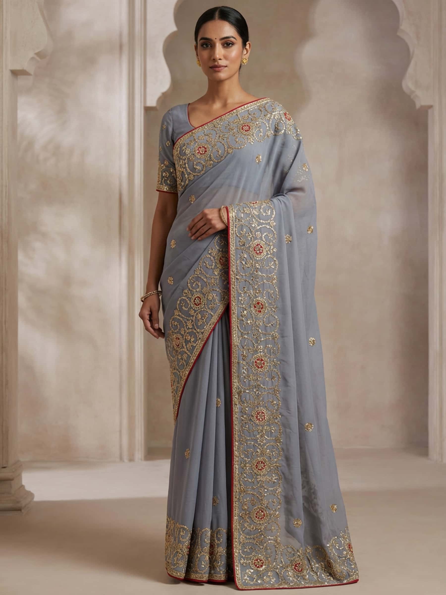 Grey Saree in Zero Patti Jaal Work - Image 1