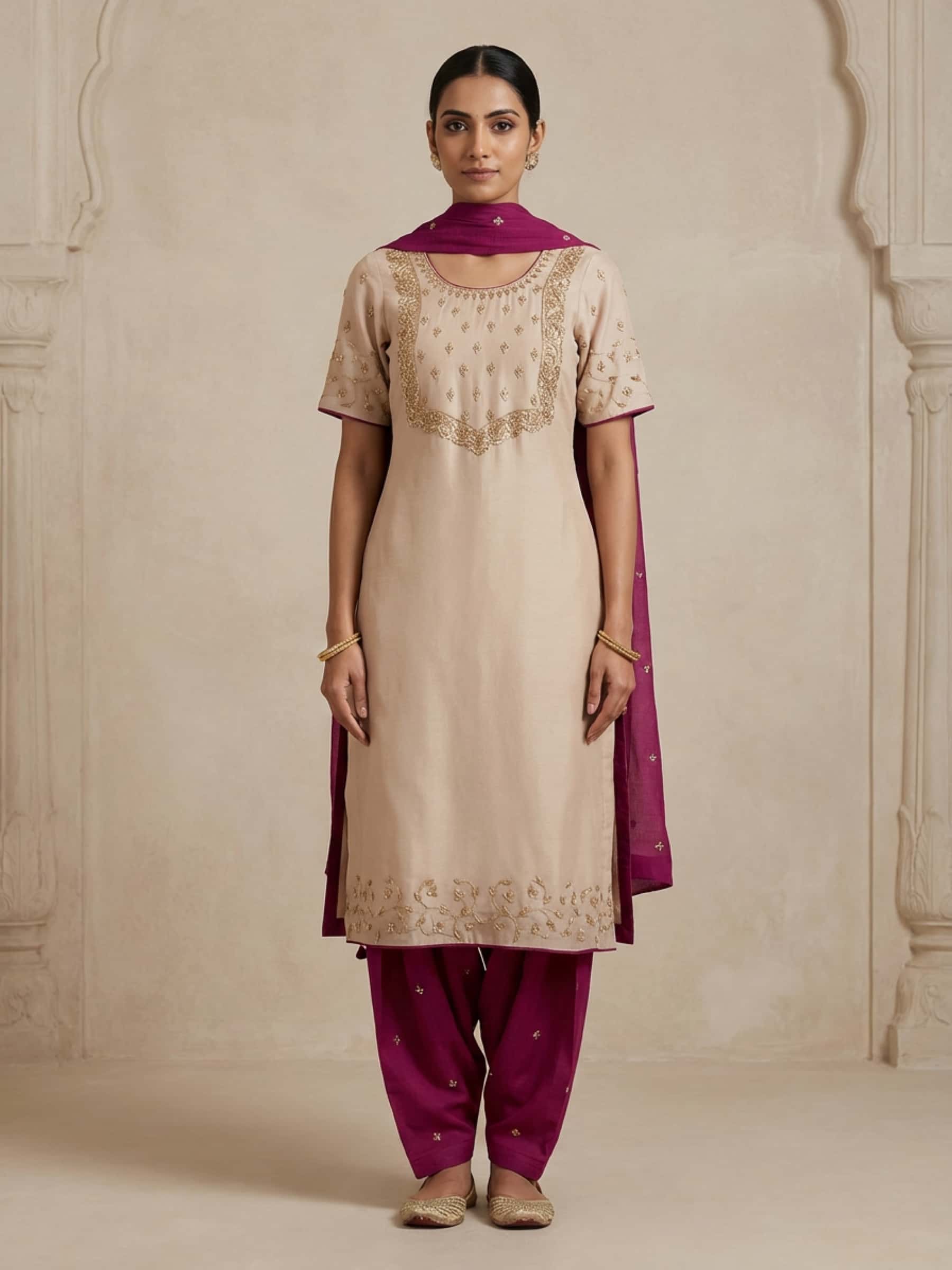 Handcrafted Zardozi Beige Wine Suit Set - Image 1
