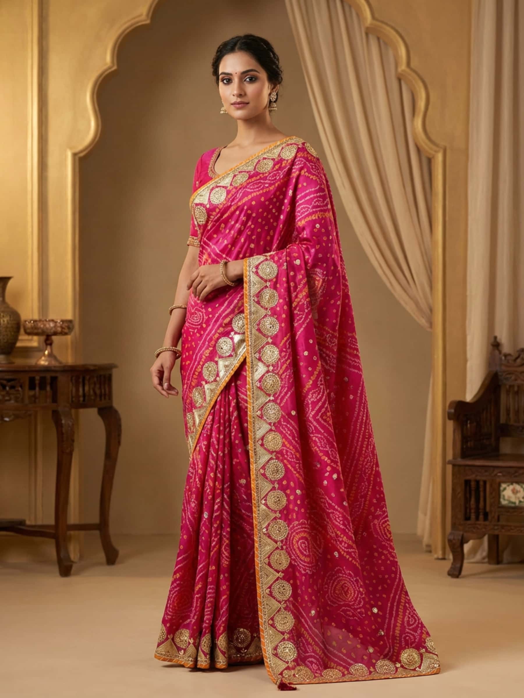 Hot Pink Fine Charkhi Gota Bandhej Saree - Image 1