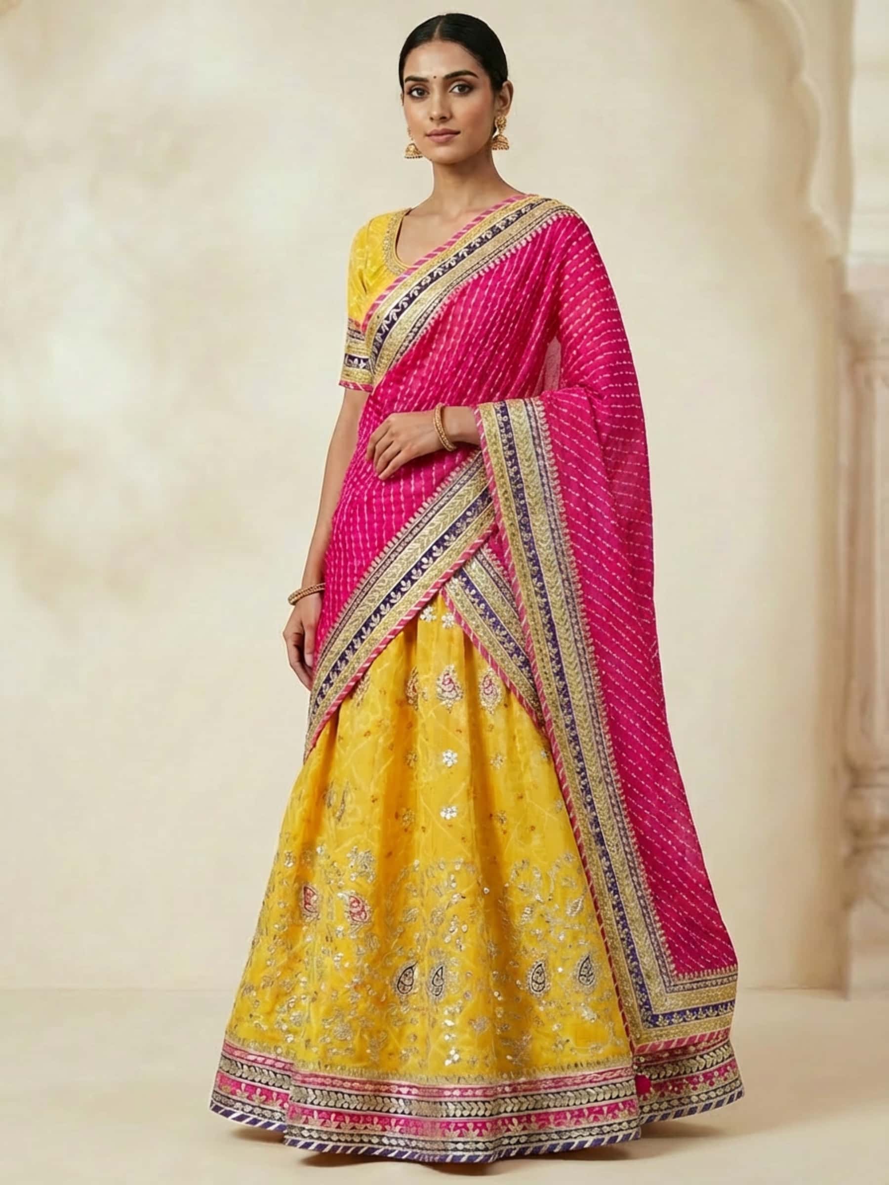 Hot Pink and Yellow Lehenga Set - Image 1