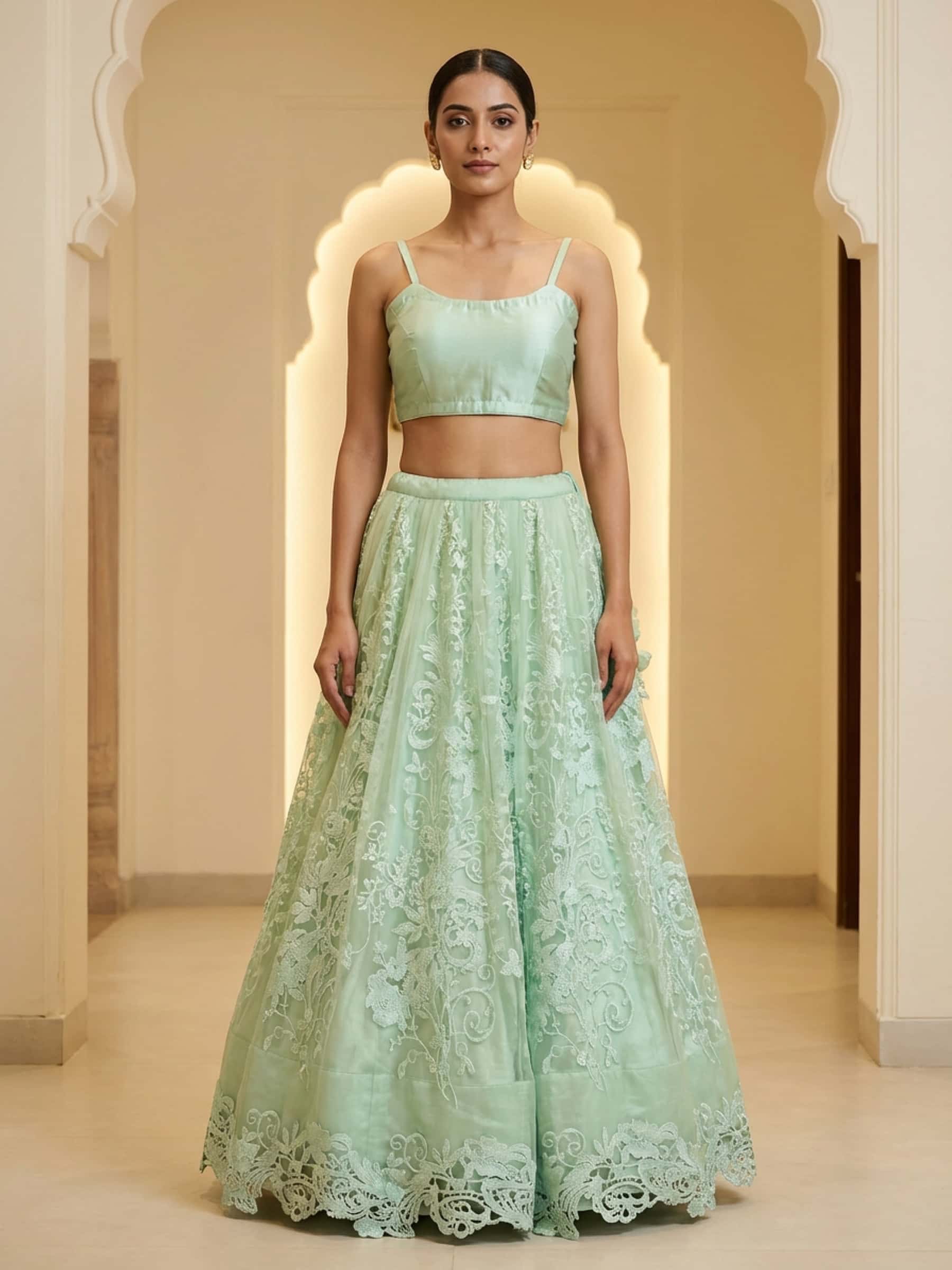 Mint Skirt Set in Lace n Satin - Image 1