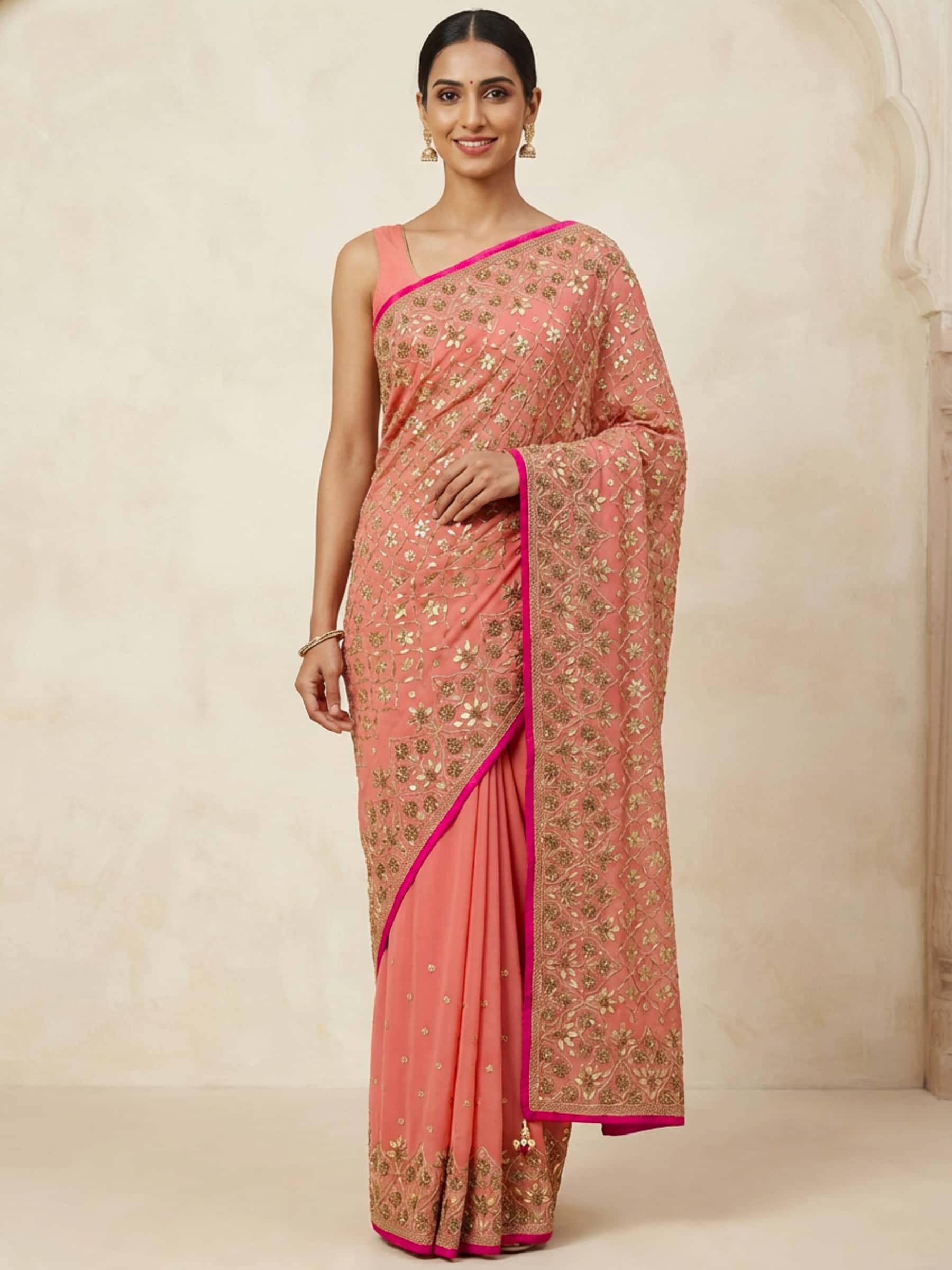Onion Pink Fine Gota Jaal Saree - Image 1