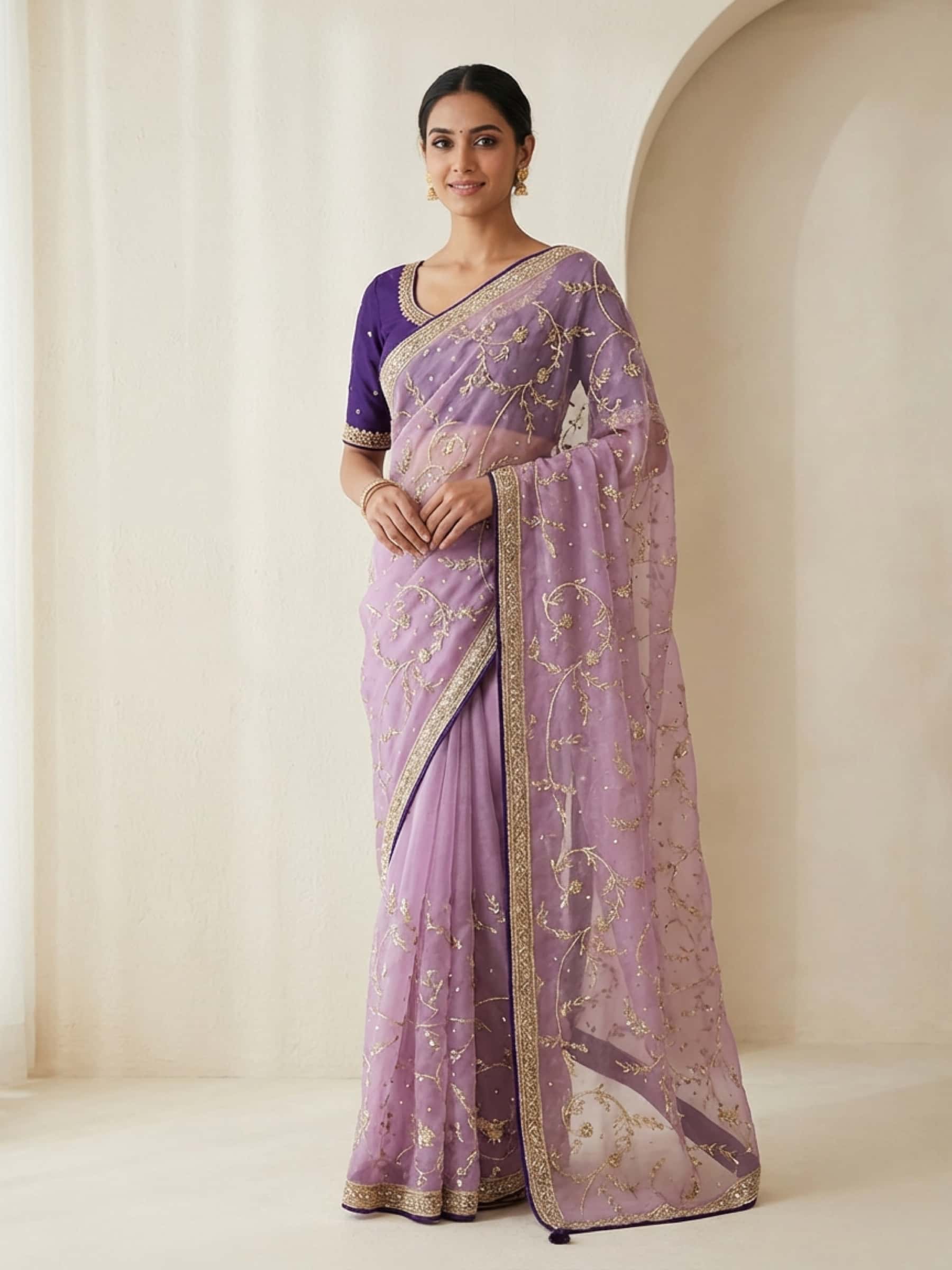 Organza Saree with Zardozi Jaal Handwork - Image 1
