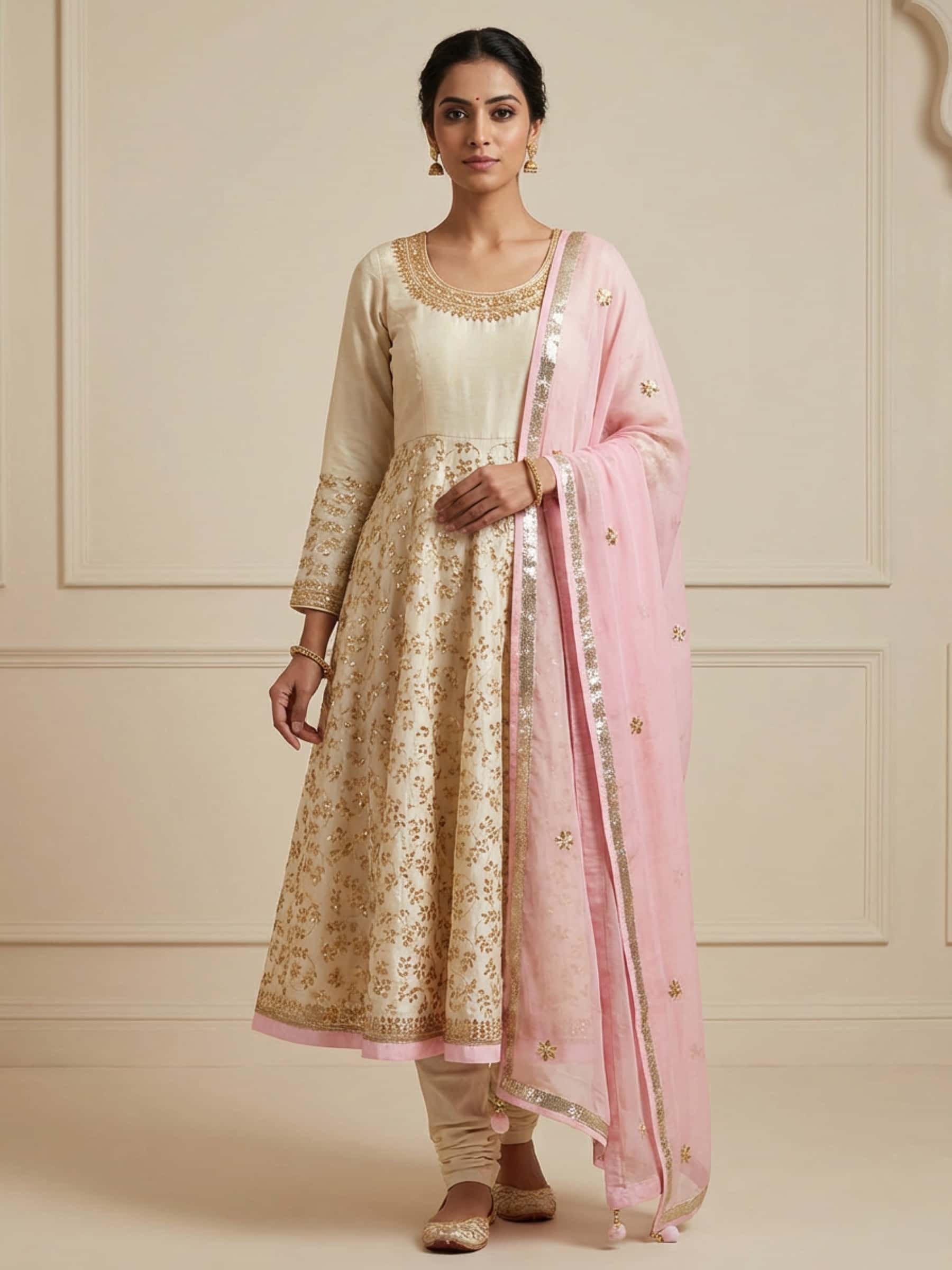 Pale Yellow Anarkali with Pink Dupatta - Image 1