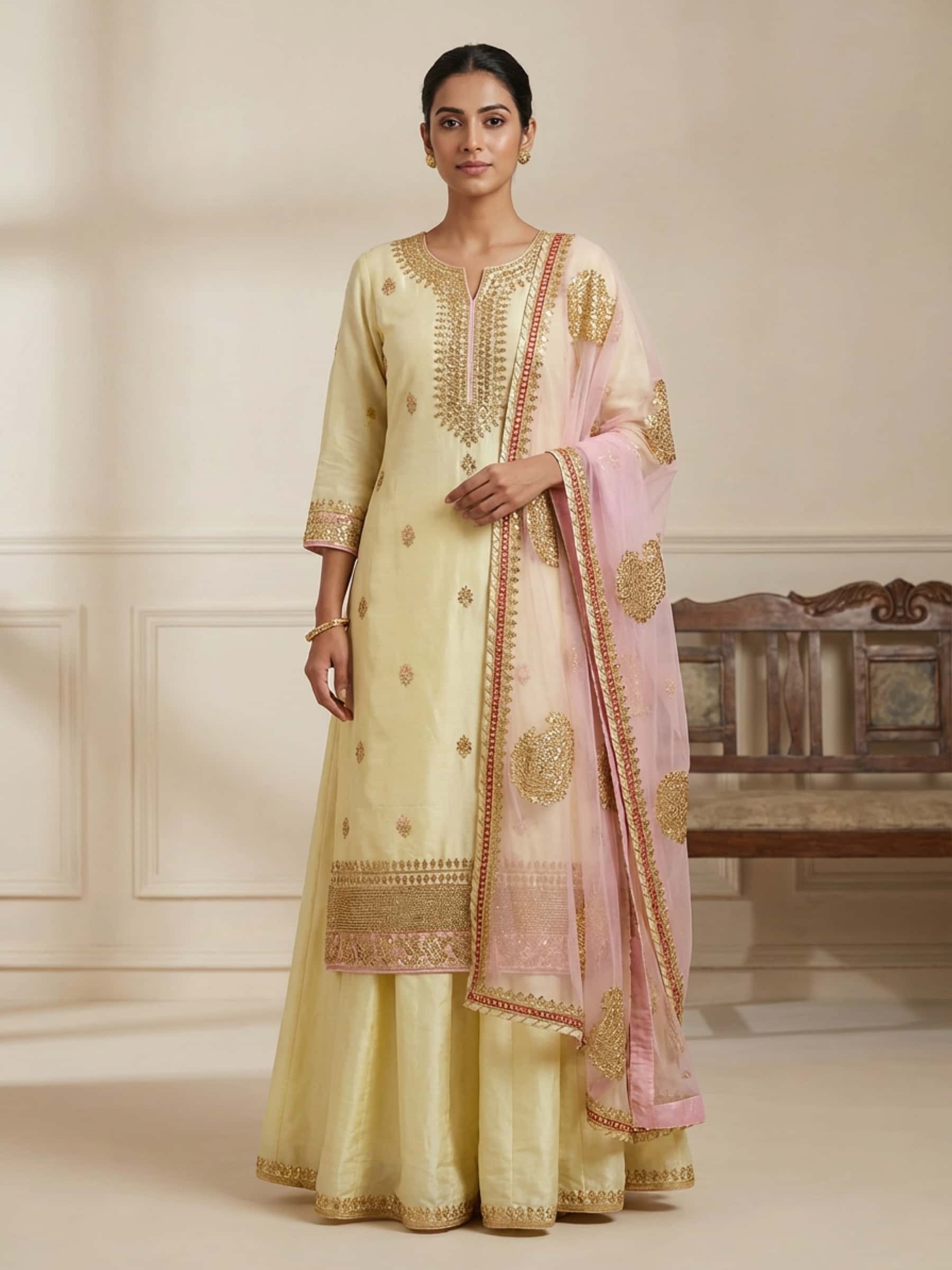Pale Yellow Kurti Skirt Dress Set - Image 1