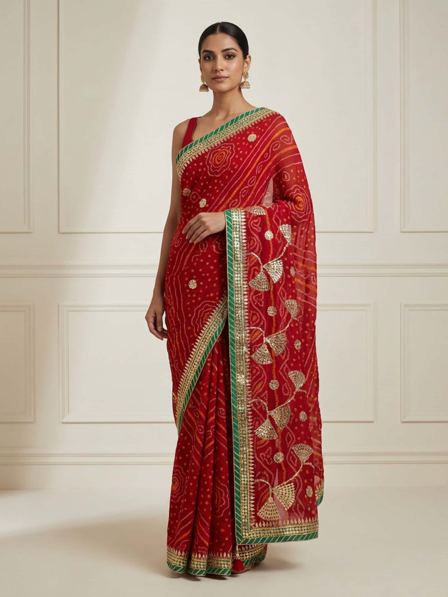 Pallu Jaal Bandhej Saree Red - Image 1