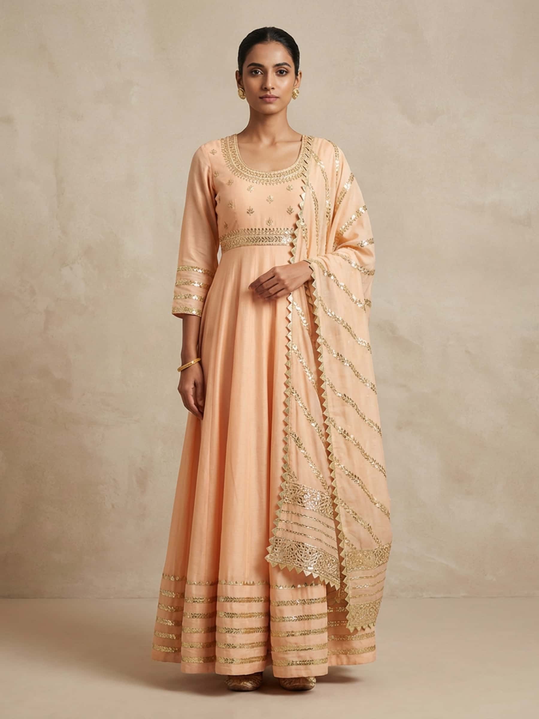 Peach Floor Length Rich Kalidar Dress - Image 1