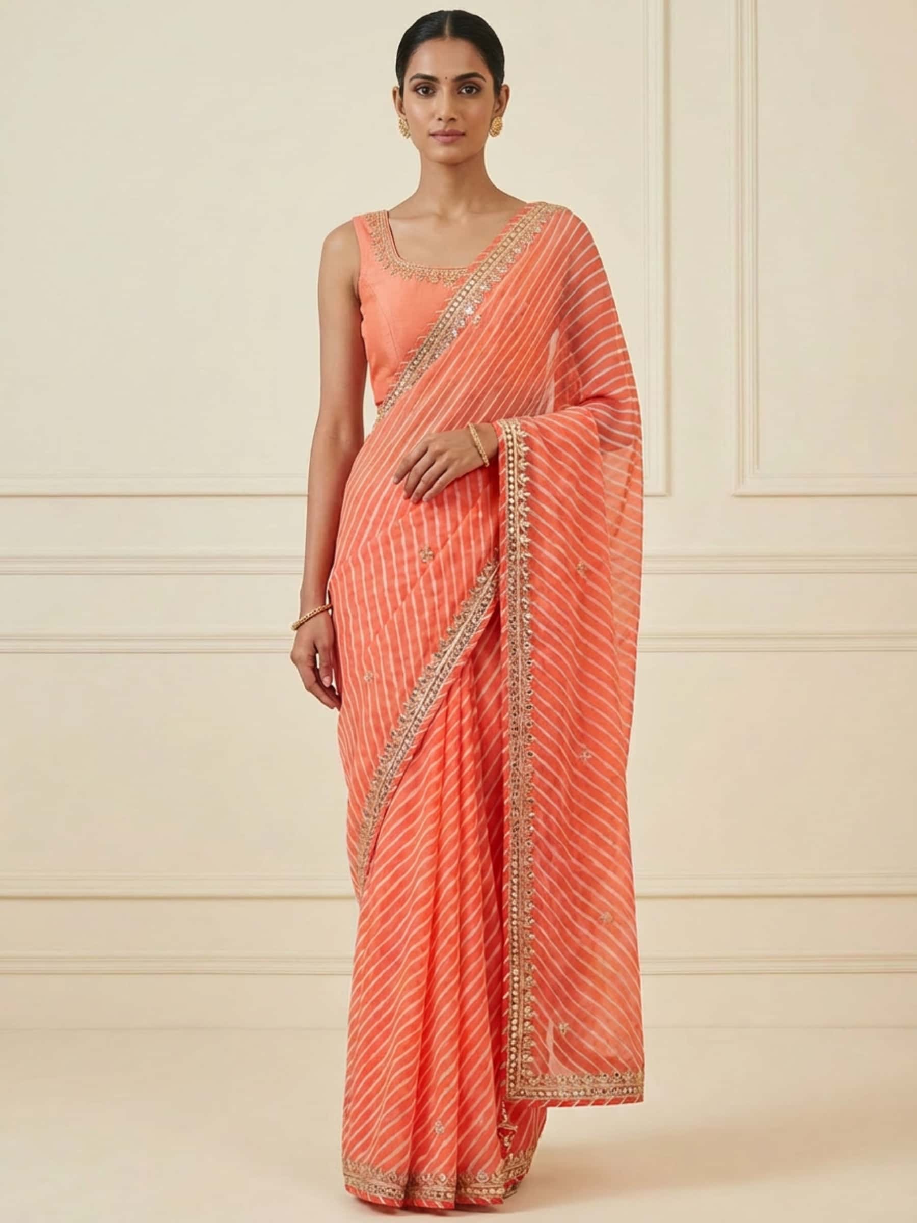 Peach Leheriya Saree in Danka Gota Work - Image 1