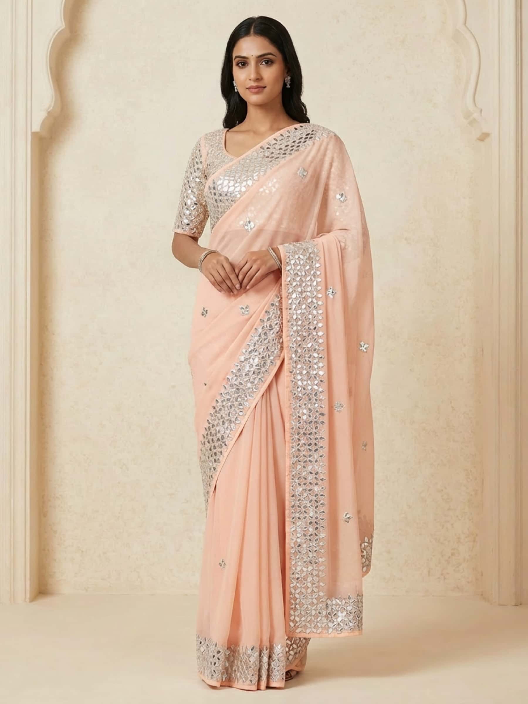 Peach Pure Georgette Kacchi Patti Saree - Image 1