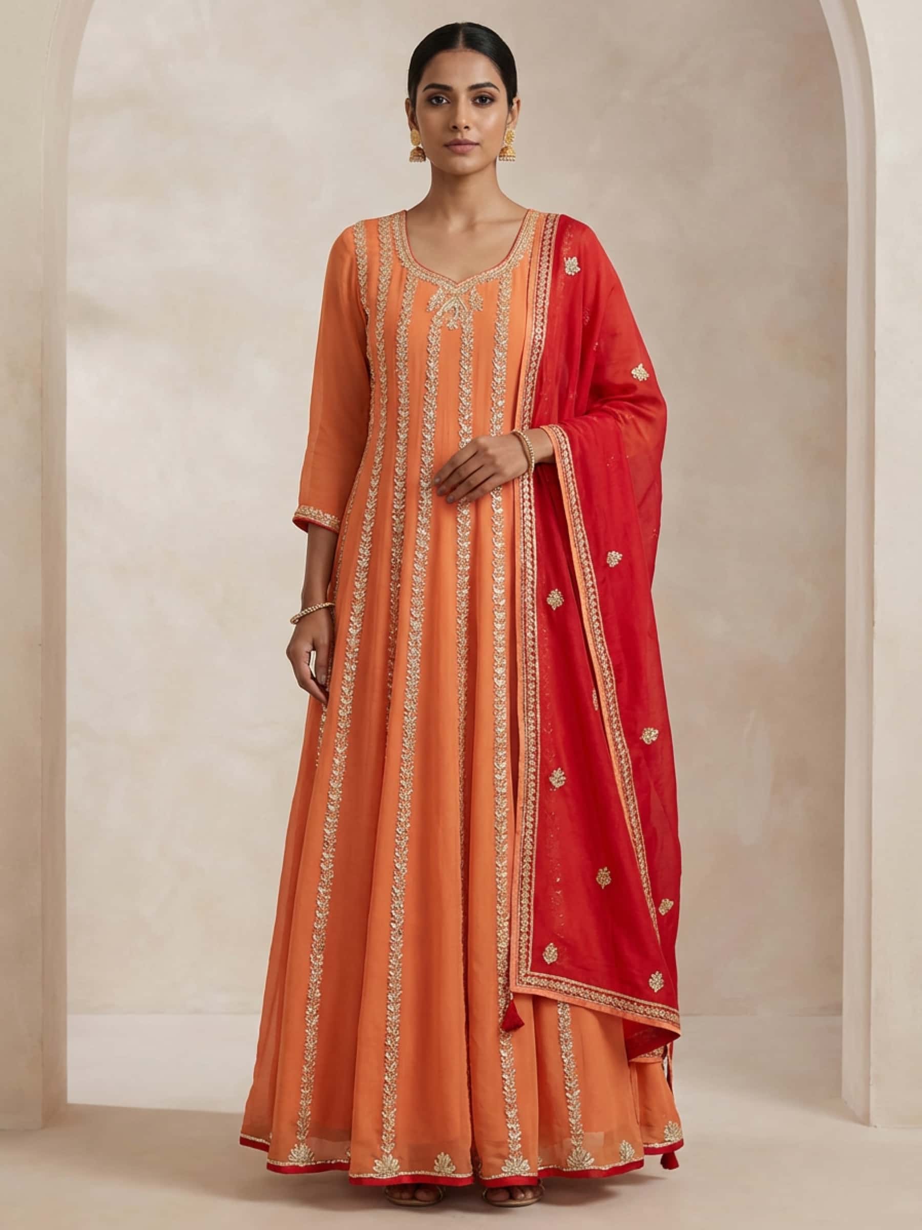 Peach Pure Georgette Kalidar Set - Image 1