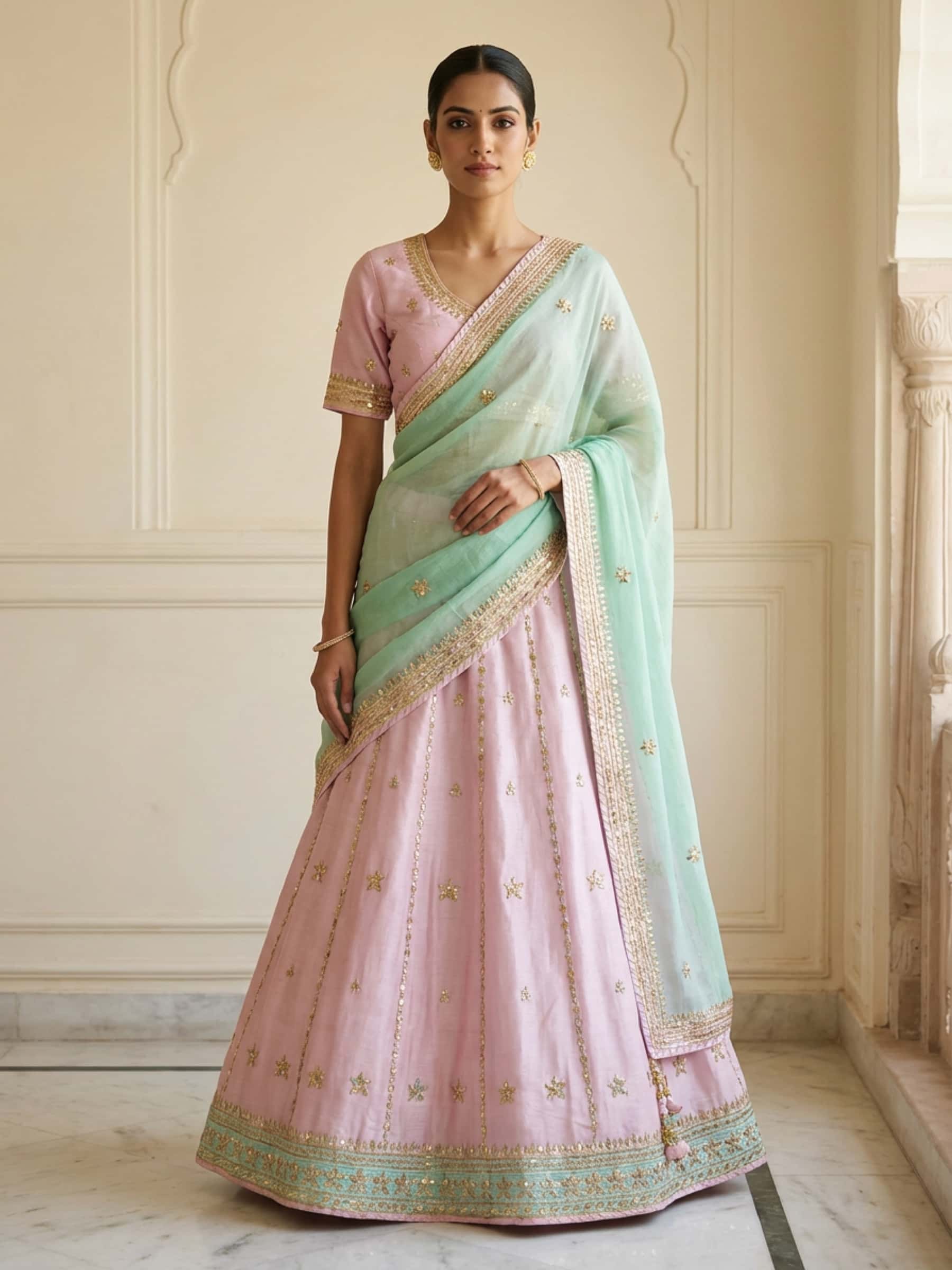 Pink n Sea Green Party Wear Lehenga Set - Image 1