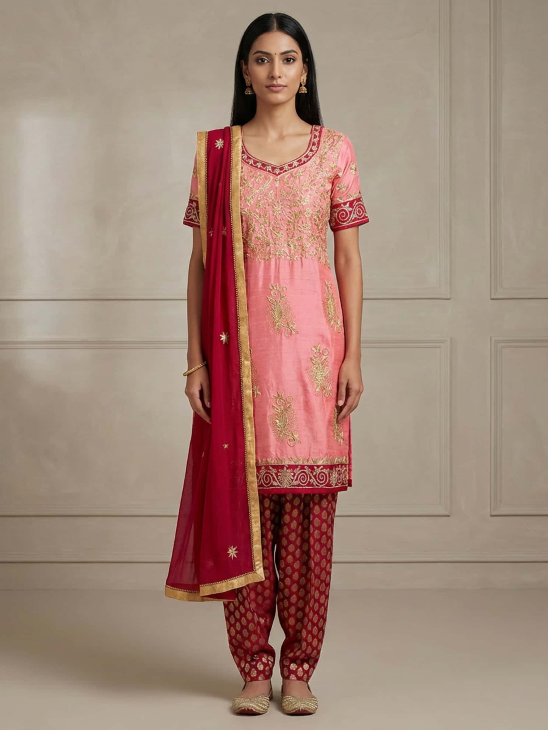 Pleasing Peach and Red Salwar Suit - Image 1