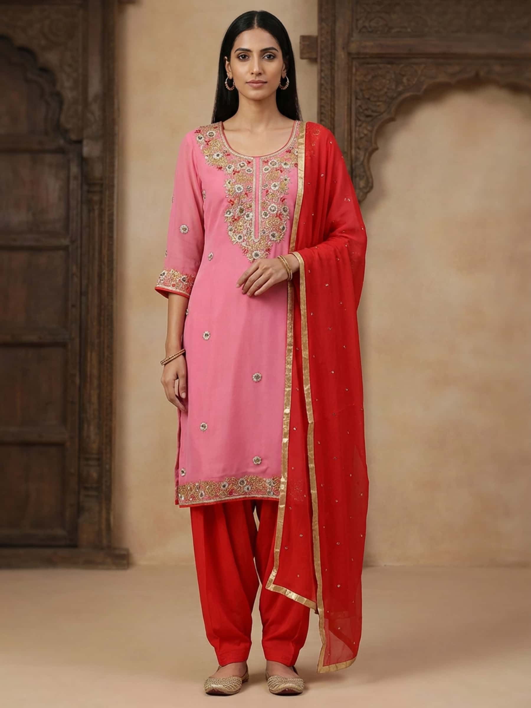 Popular Pink Heavy Neckline Salwar Suit - Image 1