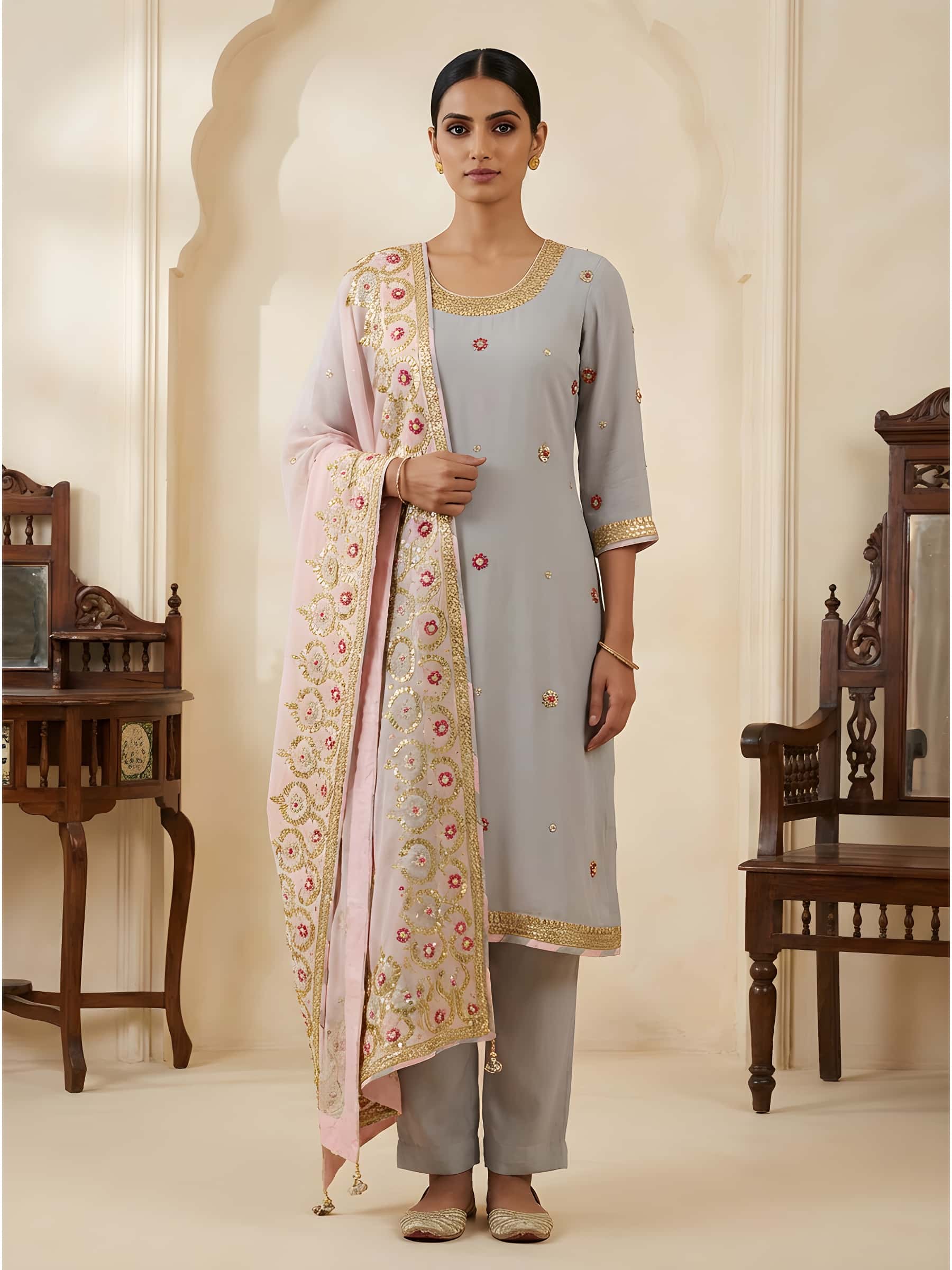 Powder Blue and Pink Designer Suit Set - Image 1